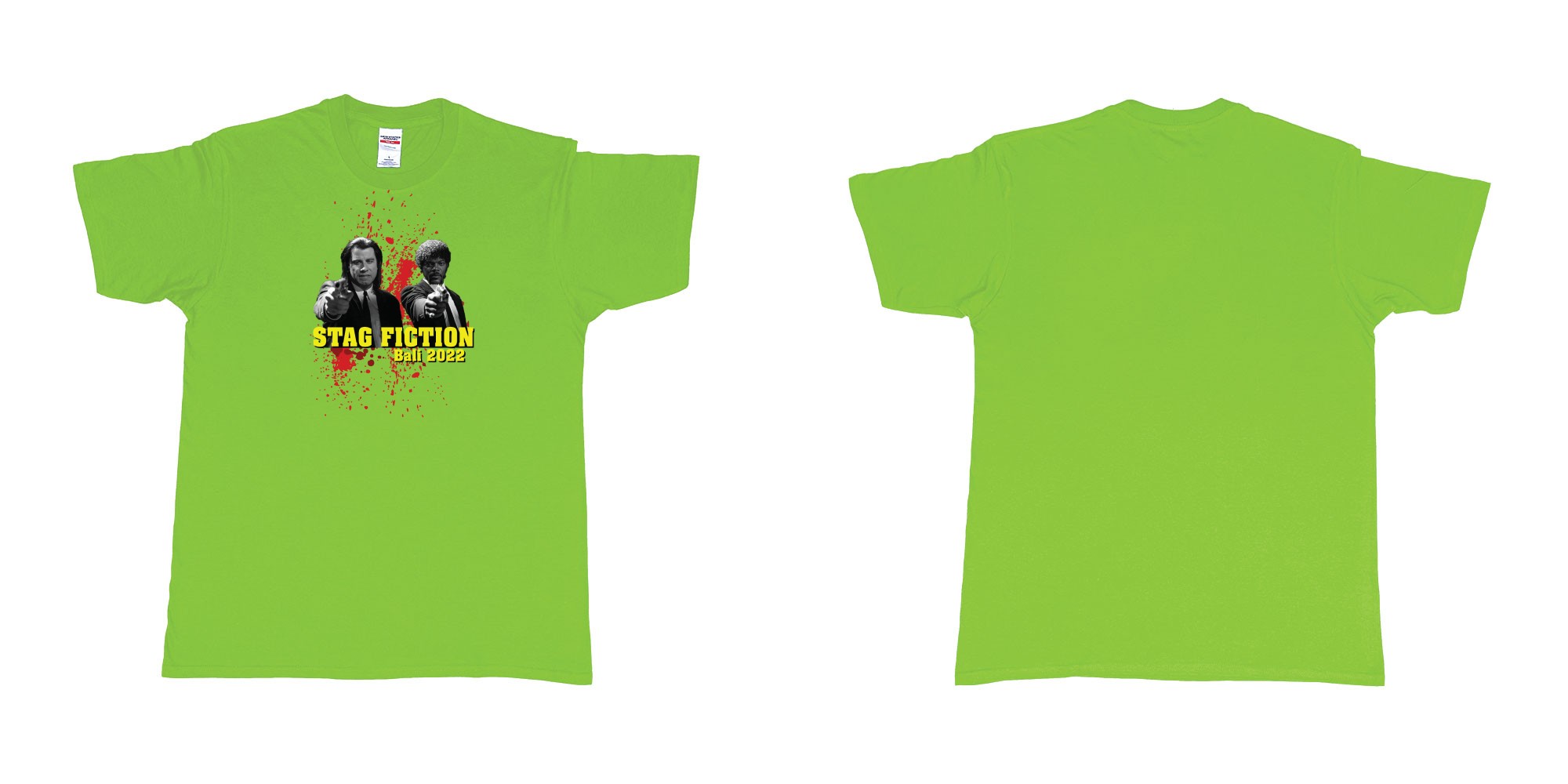 Custom tshirt design pulp fiction blood in fabric color lime choice your own text made in Bali by The Pirate Way
