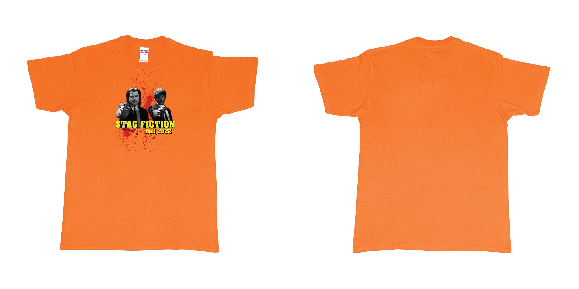 Custom tshirt design pulp fiction blood in fabric color orange choice your own text made in Bali by The Pirate Way