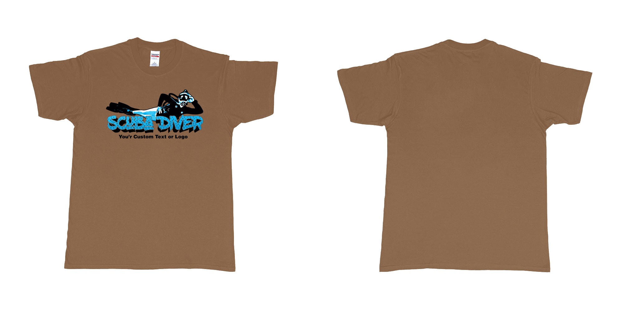 Custom tshirt design relaxed scuba diver in fabric color chestnut choice your own text made in Bali by The Pirate Way