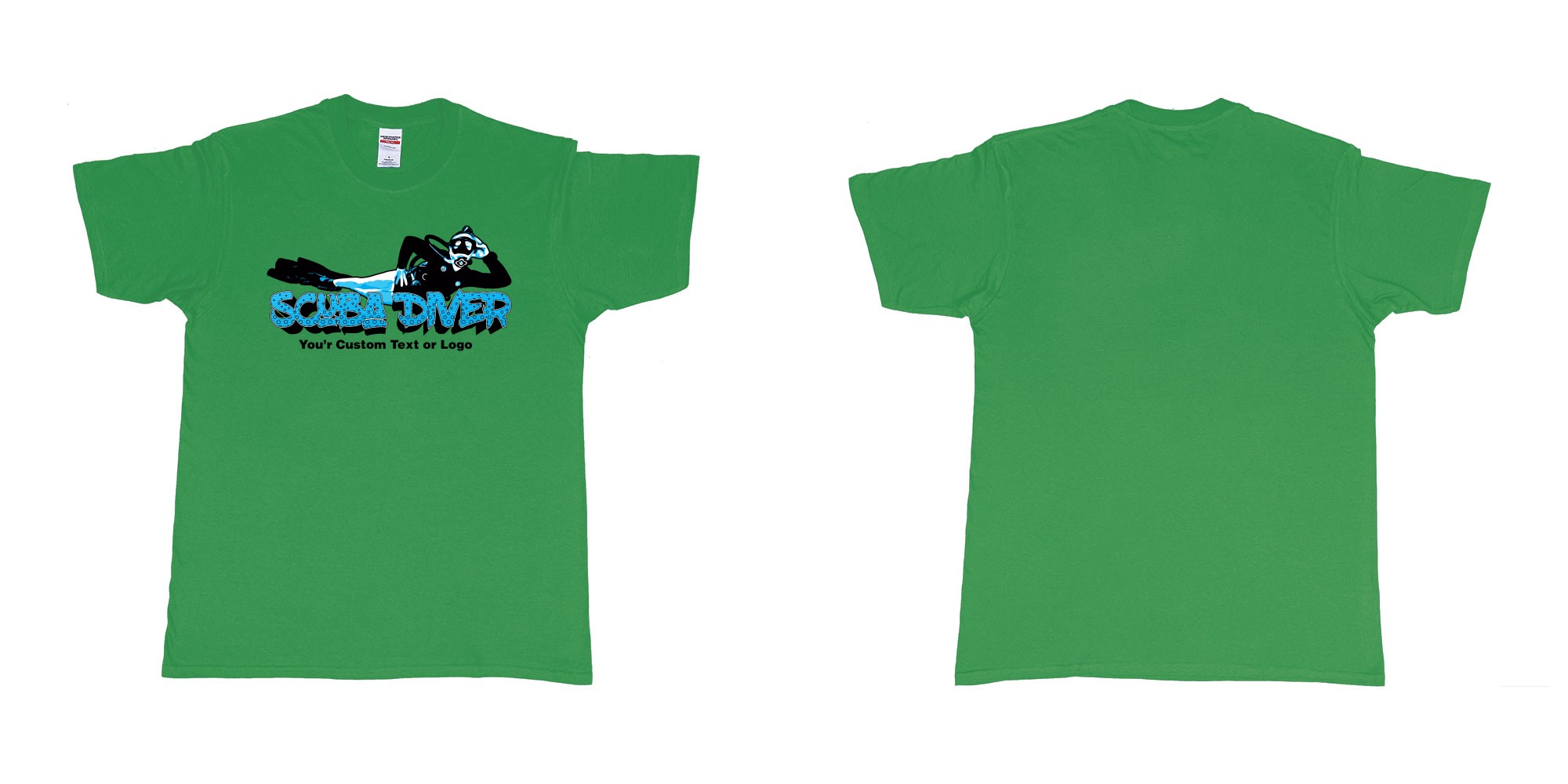 Custom tshirt design relaxed scuba diver in fabric color irish-green choice your own text made in Bali by The Pirate Way