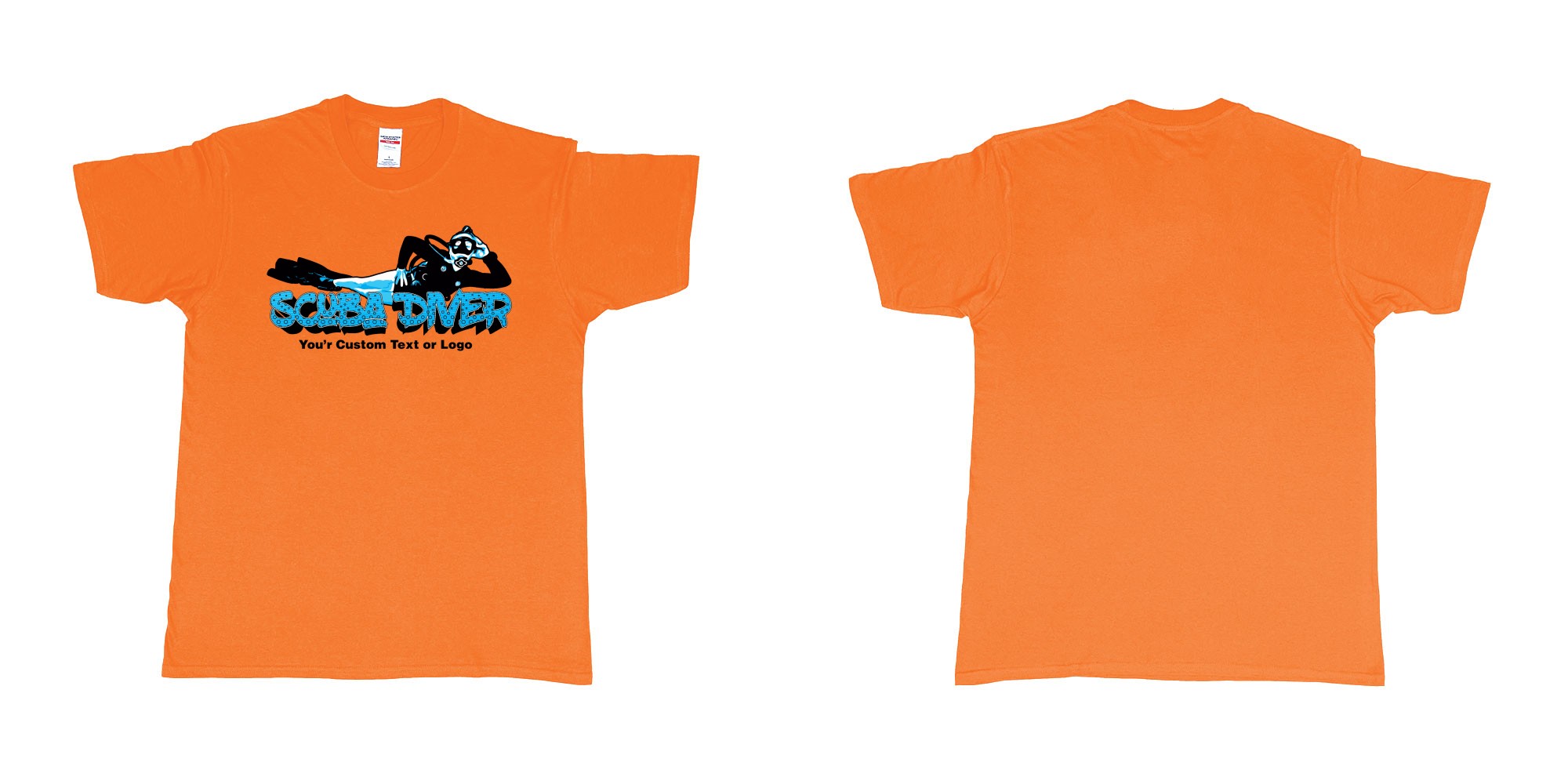 Custom tshirt design relaxed scuba diver in fabric color orange choice your own text made in Bali by The Pirate Way