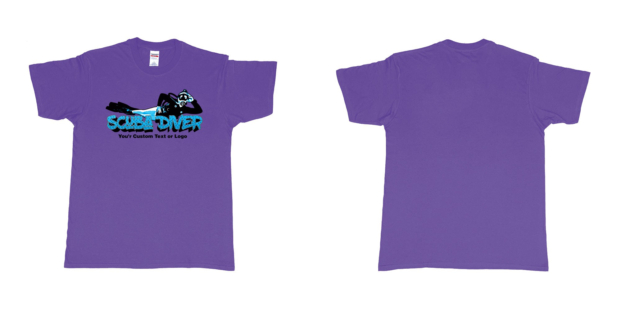 Custom tshirt design relaxed scuba diver in fabric color purple choice your own text made in Bali by The Pirate Way