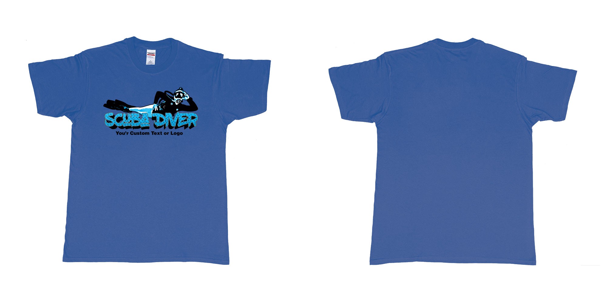 Custom tshirt design relaxed scuba diver in fabric color royal-blue choice your own text made in Bali by The Pirate Way