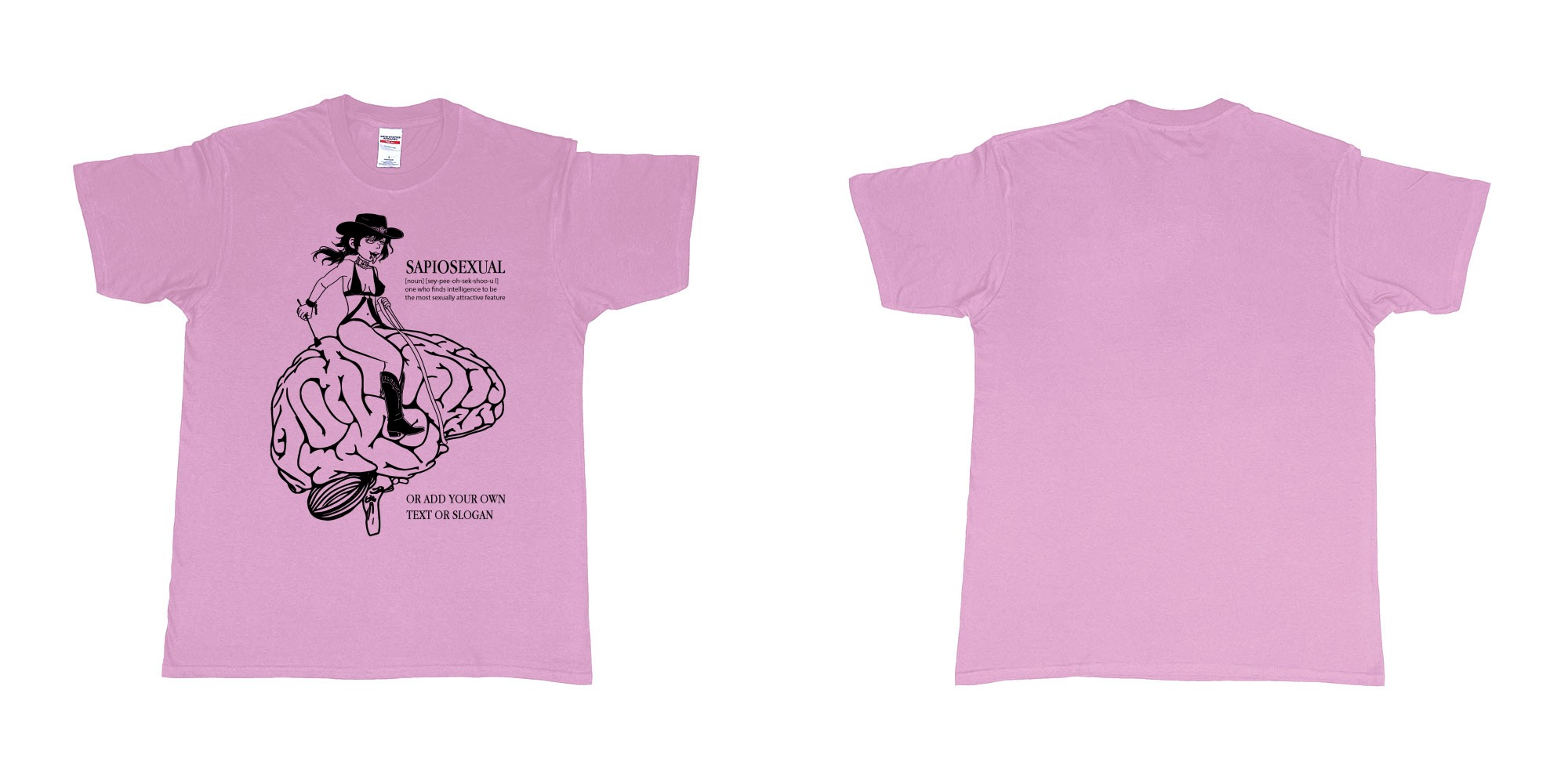 Custom tshirt design sapiosexual cowgirl riding brain in fabric color light-pink choice your own text made in Bali by The Pirate Way