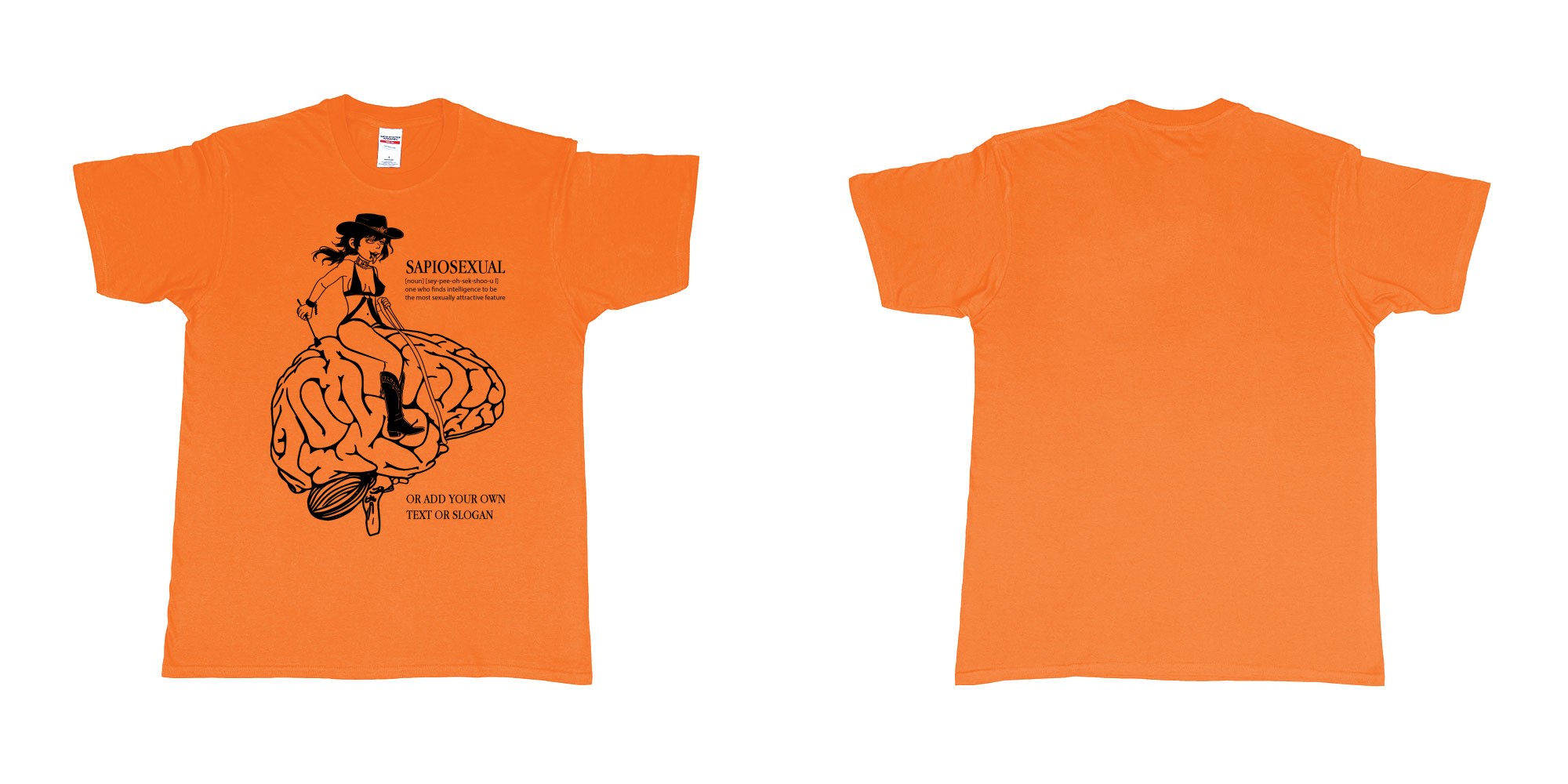 Custom tshirt design sapiosexual cowgirl riding brain in fabric color orange choice your own text made in Bali by The Pirate Way