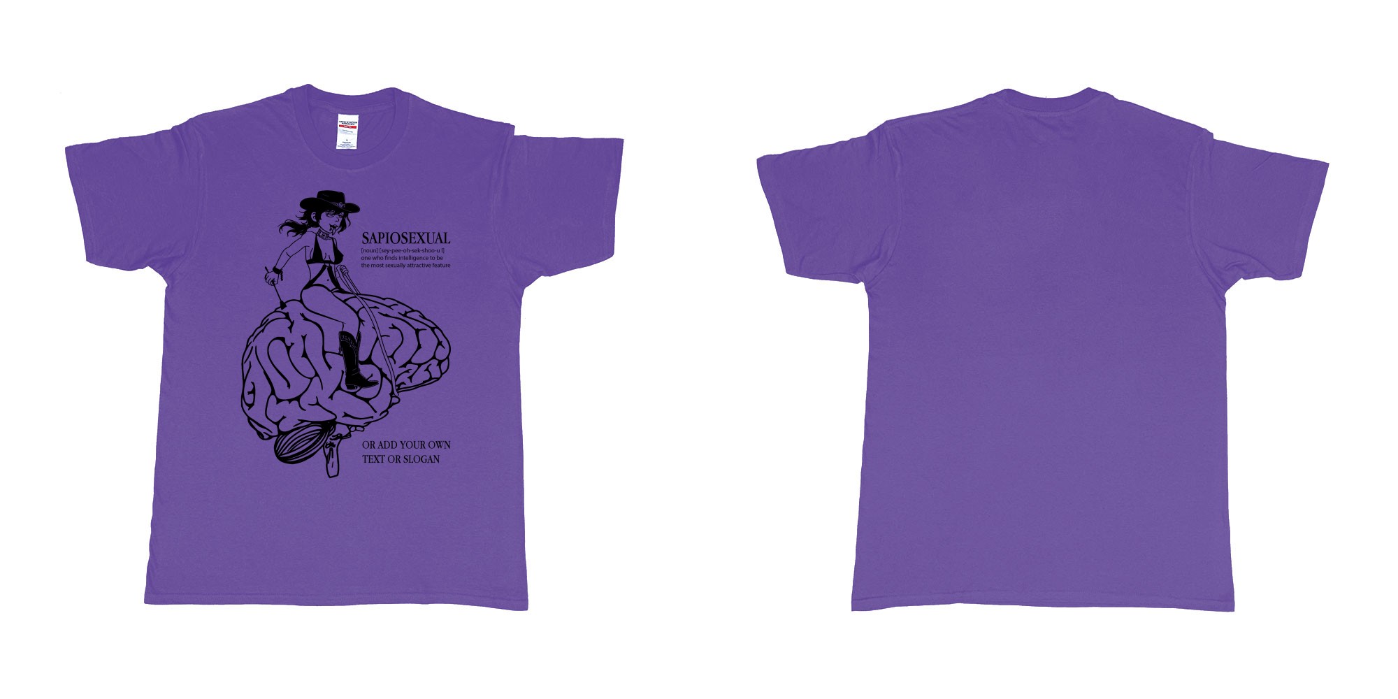 Custom tshirt design sapiosexual cowgirl riding brain in fabric color purple choice your own text made in Bali by The Pirate Way