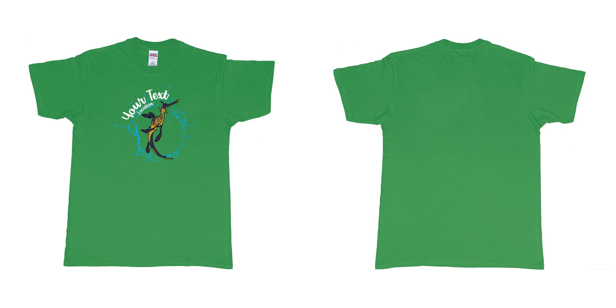 Custom tshirt design seadragon dancing bubbles diving indonesia in fabric color irish-green choice your own text made in Bali by The Pirate Way