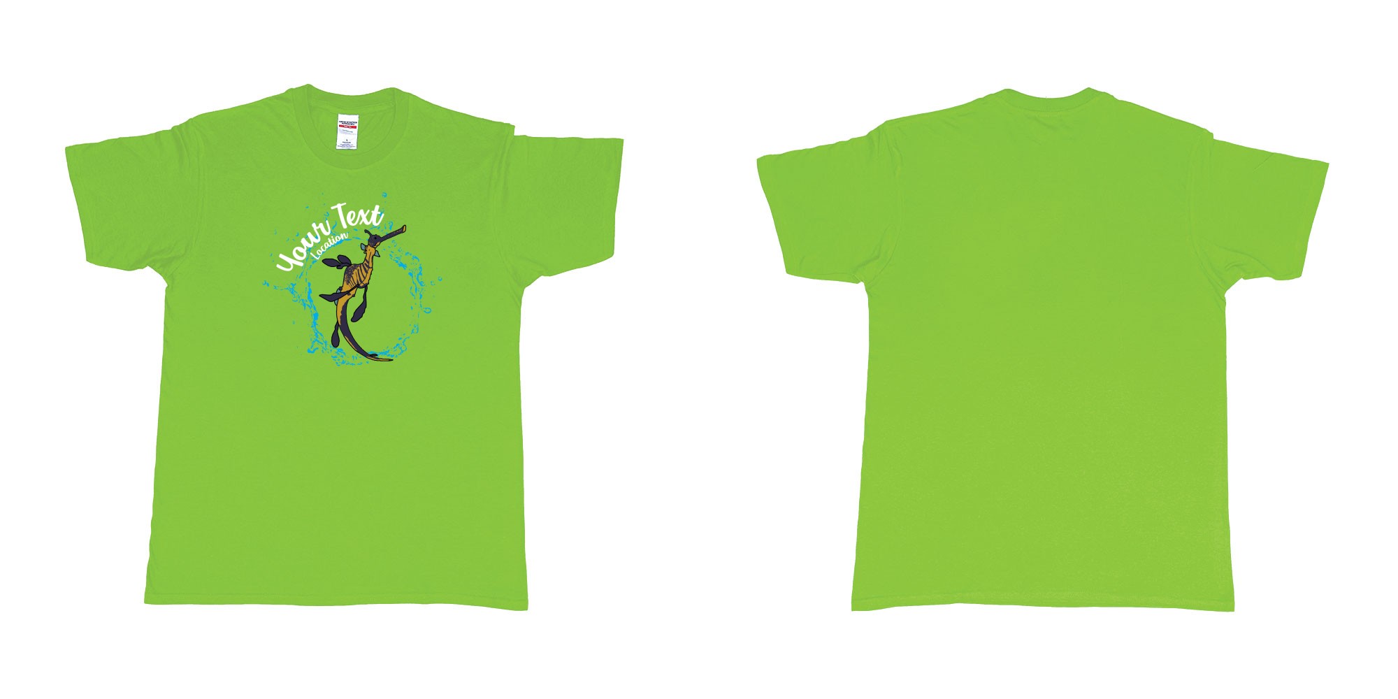 Custom tshirt design seadragon dancing bubbles diving indonesia in fabric color lime choice your own text made in Bali by The Pirate Way