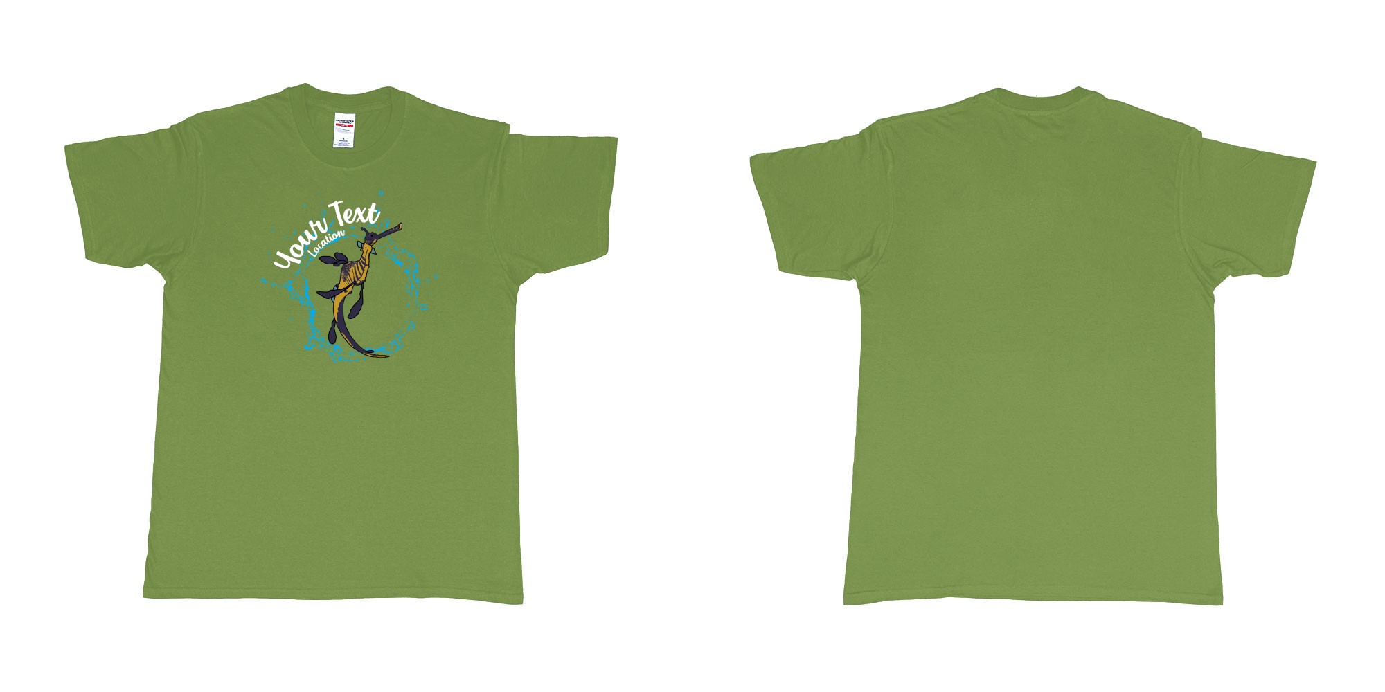 Custom tshirt design seadragon dancing bubbles diving indonesia in fabric color military-green choice your own text made in Bali by The Pirate Way