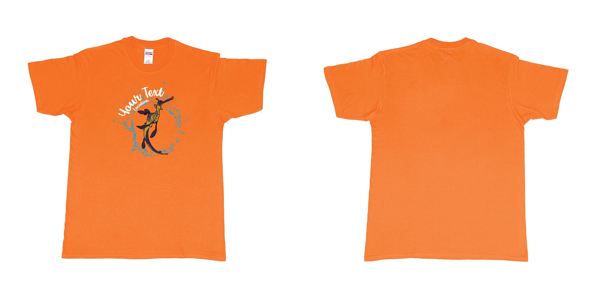 Custom tshirt design seadragon dancing bubbles diving indonesia in fabric color orange choice your own text made in Bali by The Pirate Way