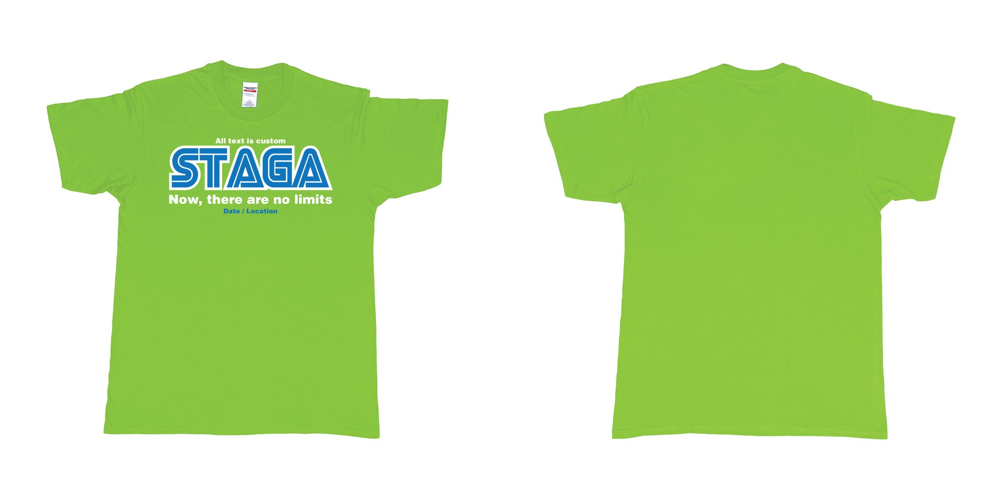 Custom tshirt design sega now there are no limits stag custom tshirt print in fabric color lime choice your own text made in Bali by The Pirate Way