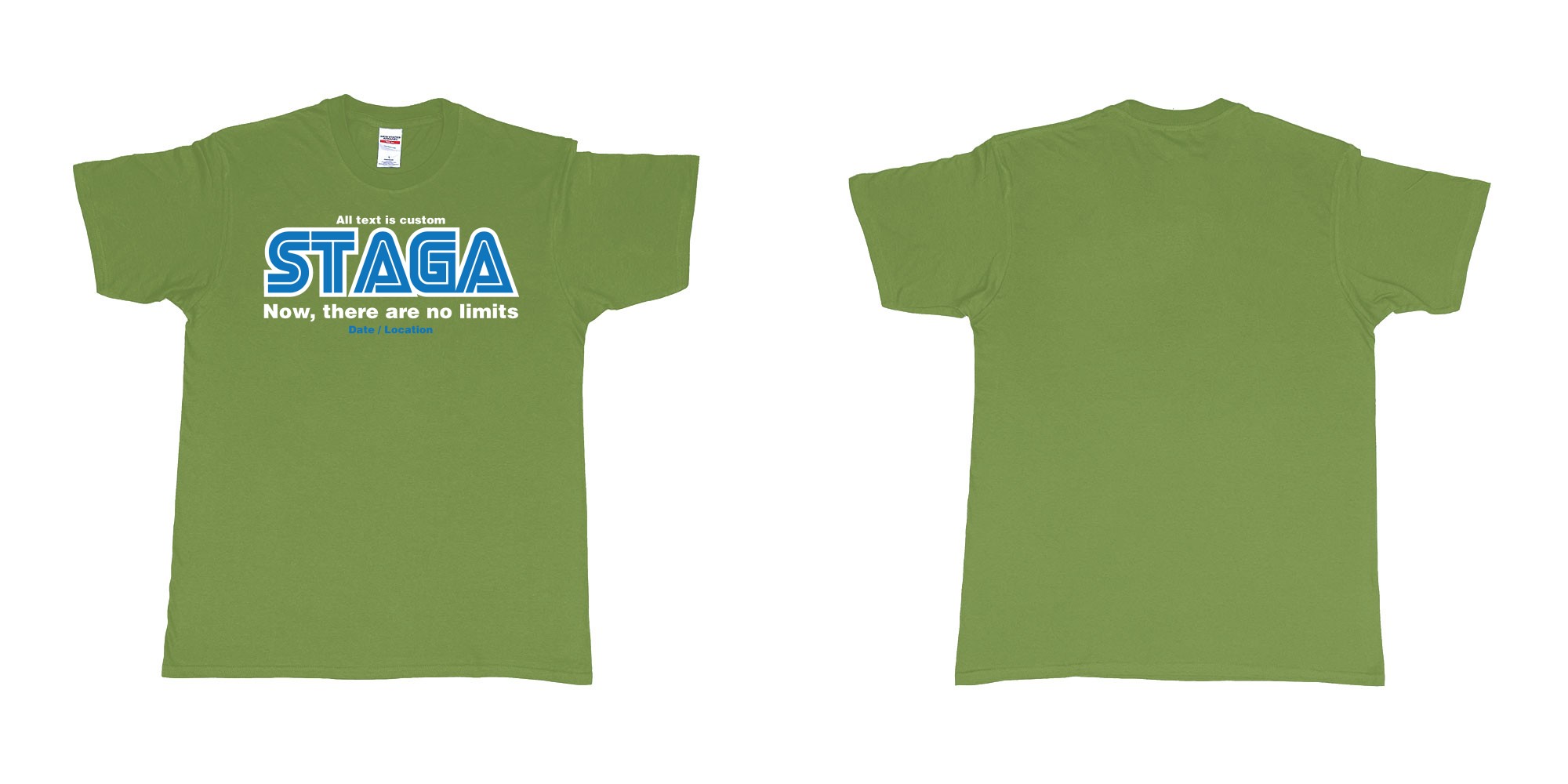 Custom tshirt design sega now there are no limits stag custom tshirt print in fabric color military-green choice your own text made in Bali by The Pirate Way