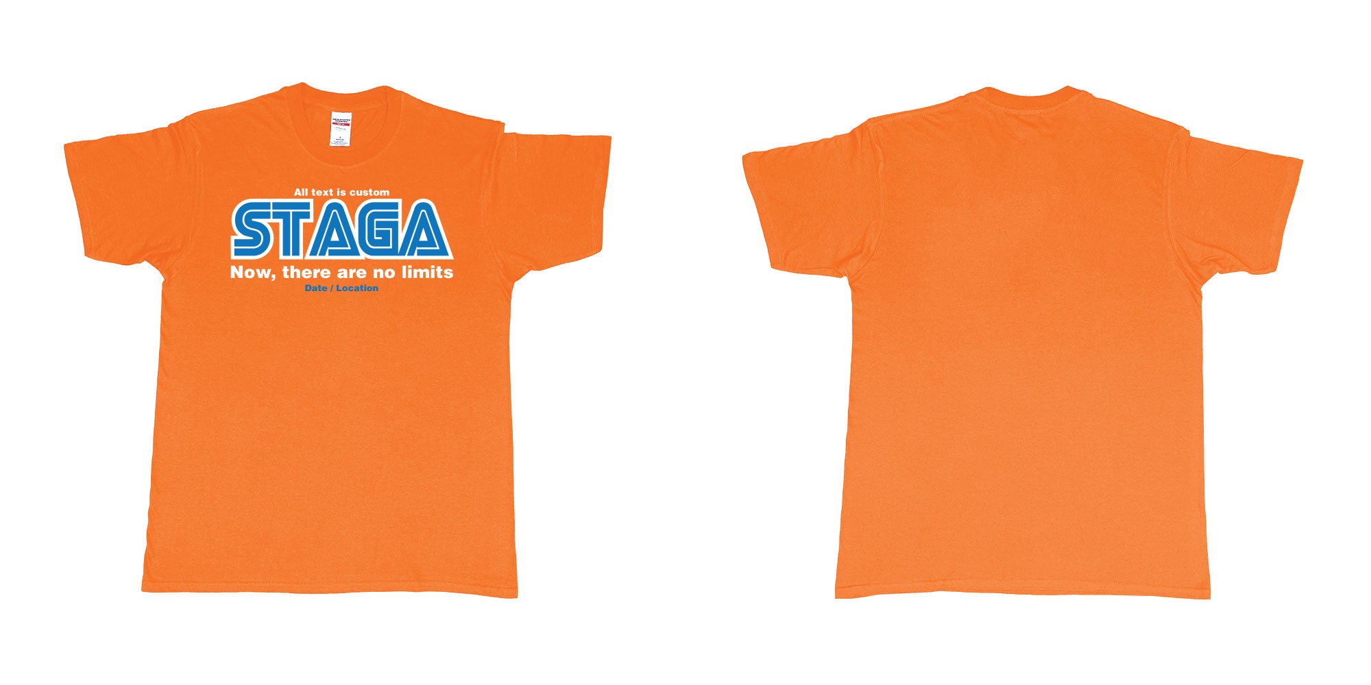 Custom tshirt design sega now there are no limits stag custom tshirt print in fabric color orange choice your own text made in Bali by The Pirate Way