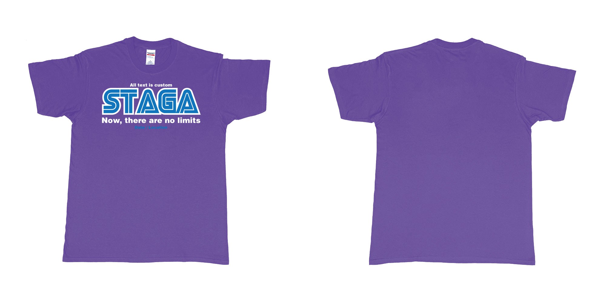 Custom tshirt design sega now there are no limits stag custom tshirt print in fabric color purple choice your own text made in Bali by The Pirate Way