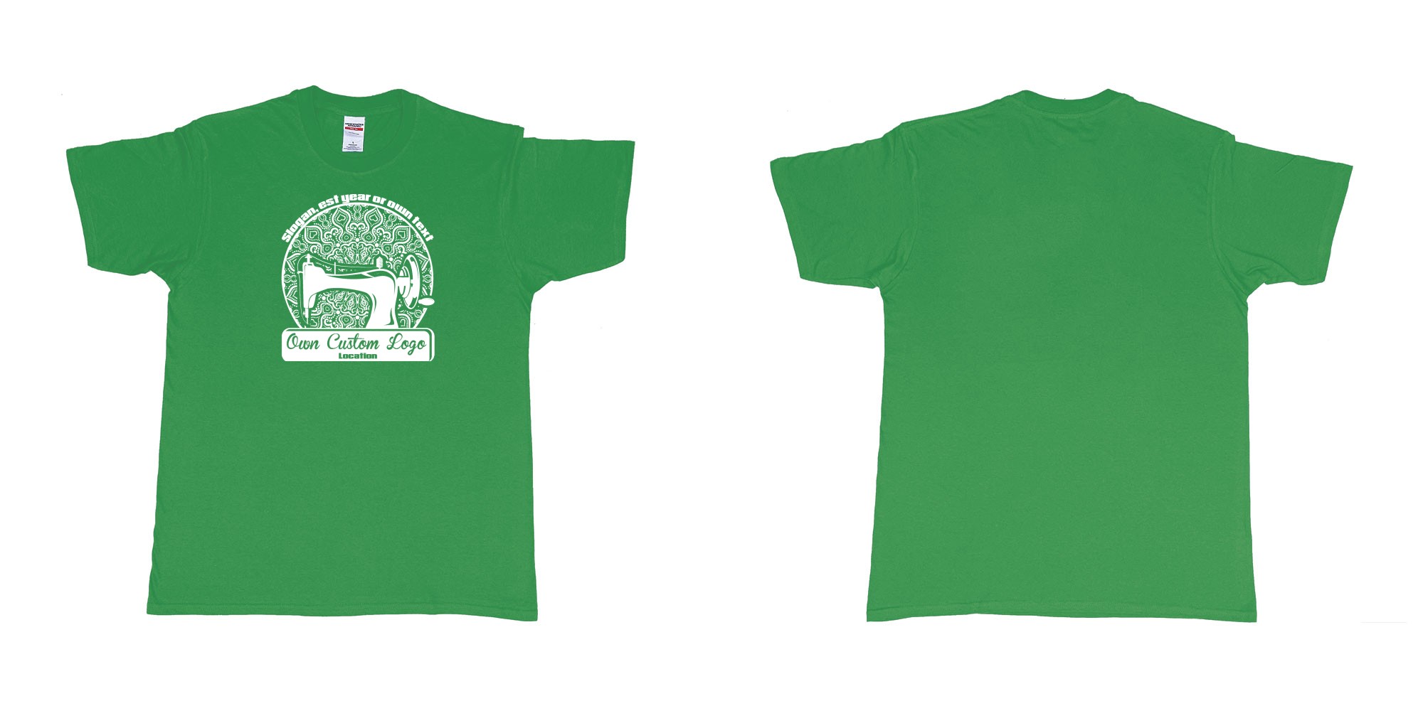 Custom tshirt design sewing machine in fabric color irish-green choice your own text made in Bali by The Pirate Way