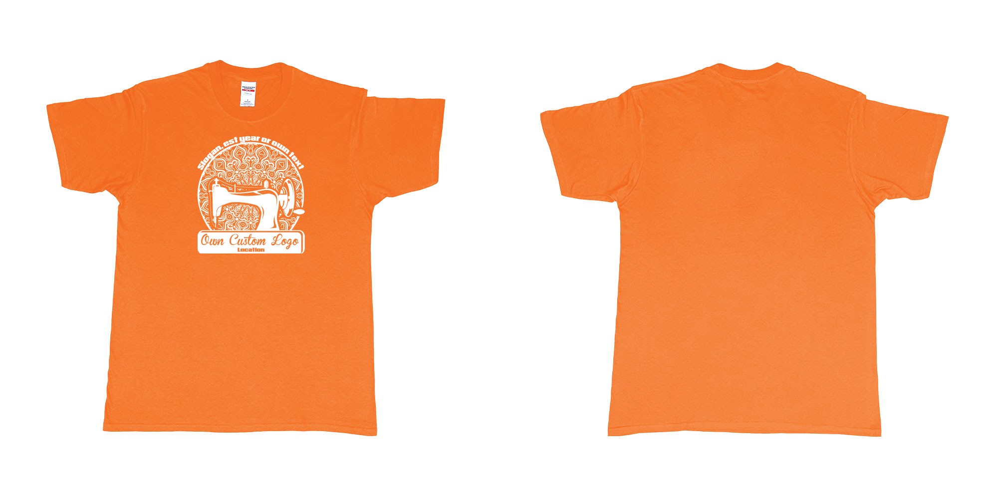 Custom tshirt design sewing machine in fabric color orange choice your own text made in Bali by The Pirate Way