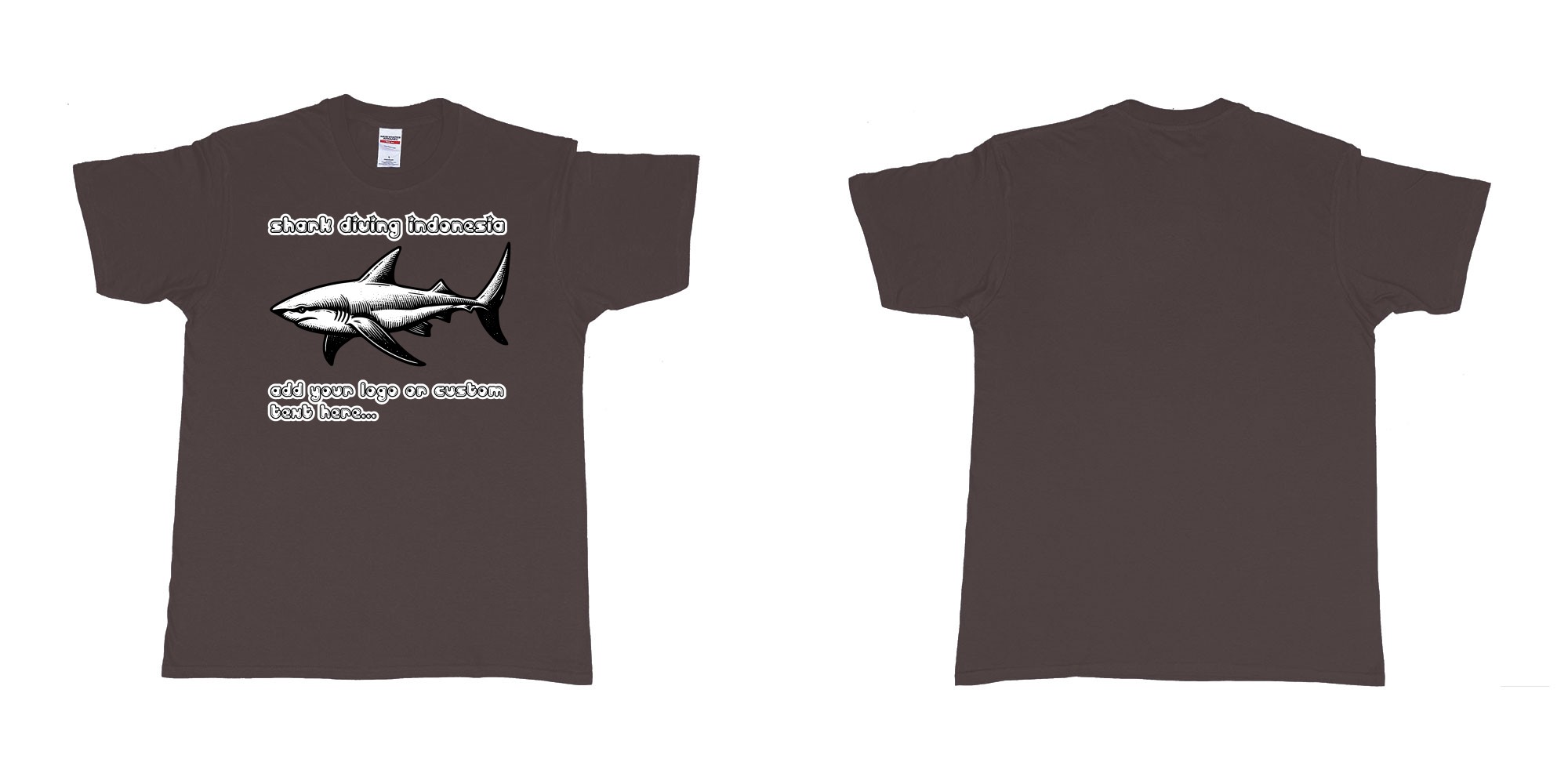 Custom tshirt design shark diving indonesia add own logo text tshirt print in fabric color dark-chocolate choice your own text made in Bali by The Pirate Way