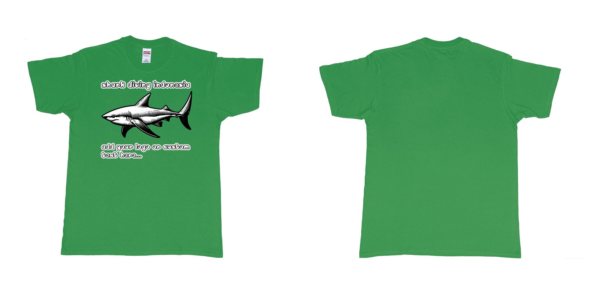 Custom tshirt design shark diving indonesia add own logo text tshirt print in fabric color irish-green choice your own text made in Bali by The Pirate Way