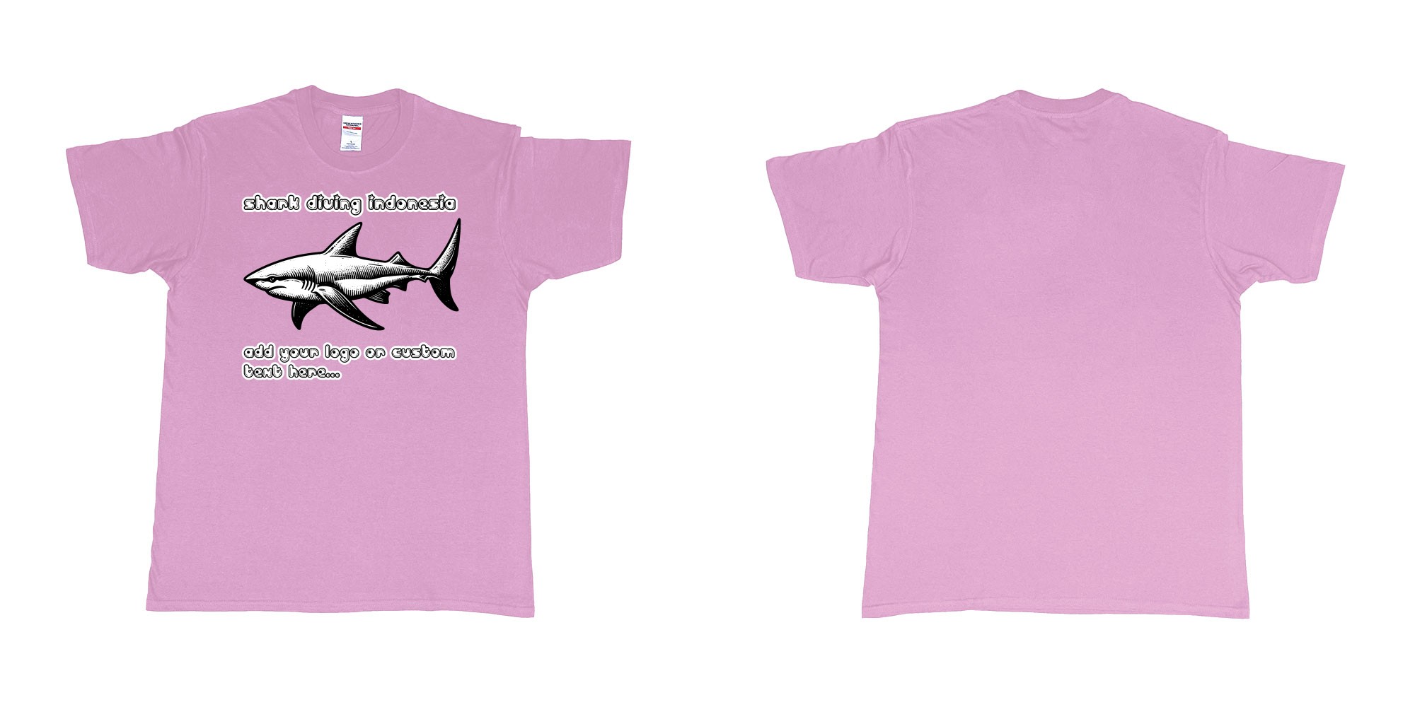 Custom tshirt design shark diving indonesia add own logo text tshirt print in fabric color light-pink choice your own text made in Bali by The Pirate Way