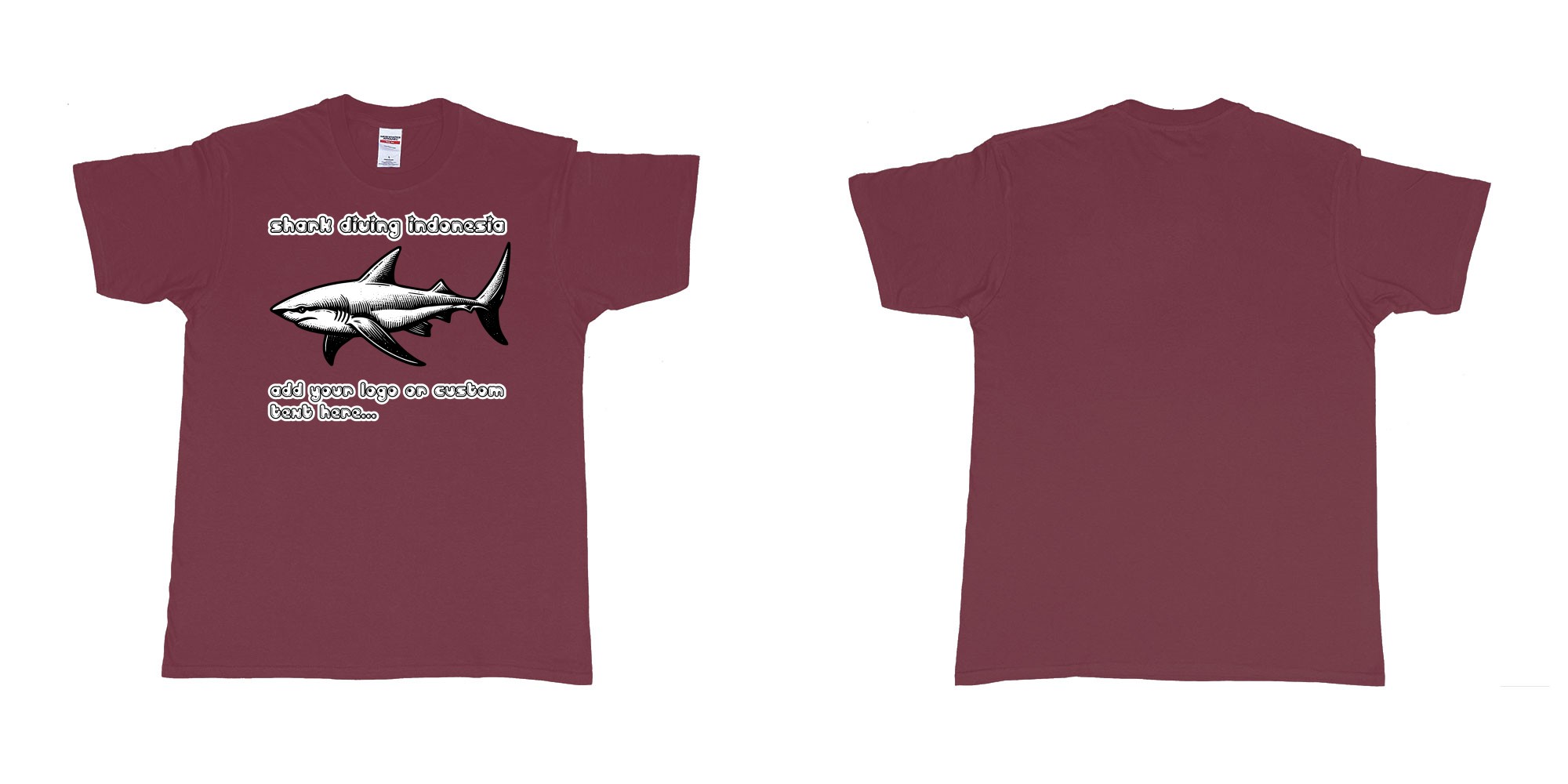 Custom tshirt design shark diving indonesia add own logo text tshirt print in fabric color marron choice your own text made in Bali by The Pirate Way
