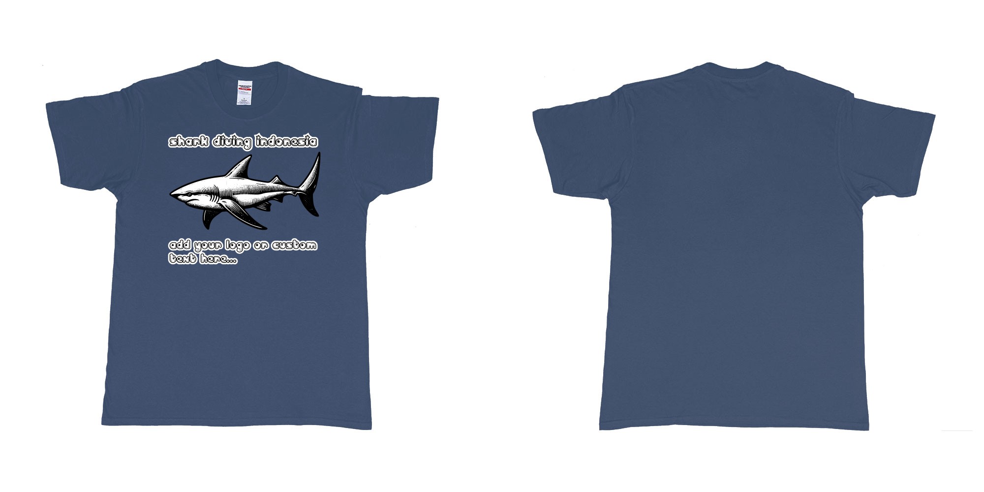 Custom tshirt design shark diving indonesia add own logo text tshirt print in fabric color navy choice your own text made in Bali by The Pirate Way