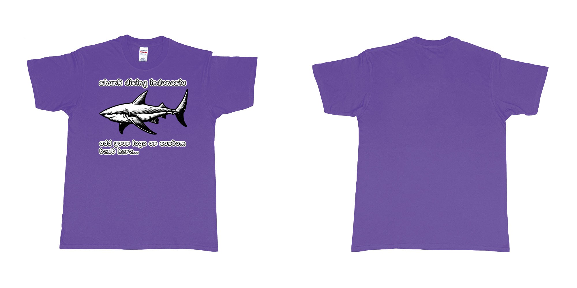 Custom tshirt design shark diving indonesia add own logo text tshirt print in fabric color purple choice your own text made in Bali by The Pirate Way