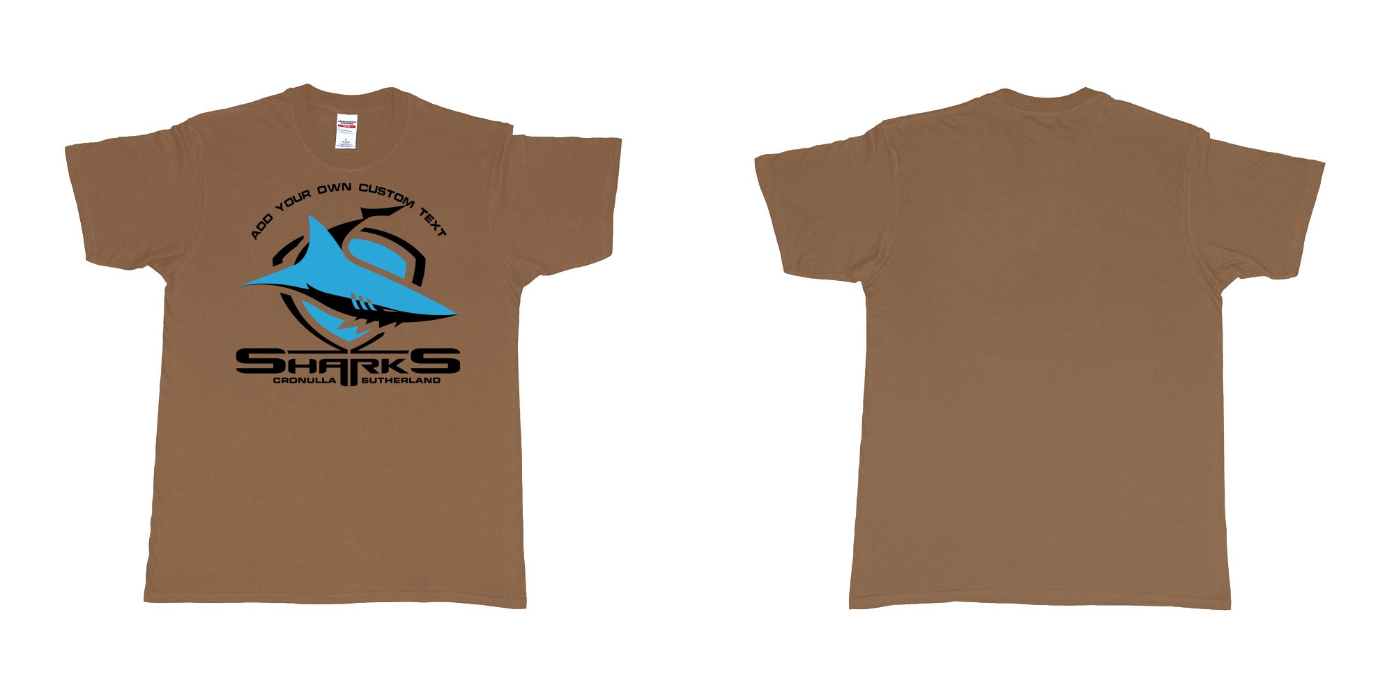 Custom tshirt design sharks cronulla sutherland shire southern sydney new south wales in fabric color chestnut choice your own text made in Bali by The Pirate Way