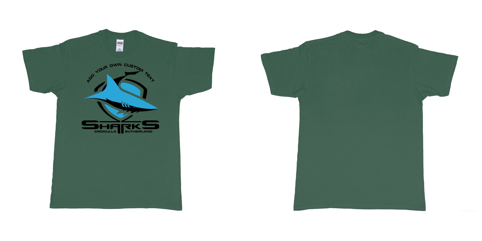 Custom tshirt design sharks cronulla sutherland shire southern sydney new south wales in fabric color forest-green choice your own text made in Bali by The Pirate Way