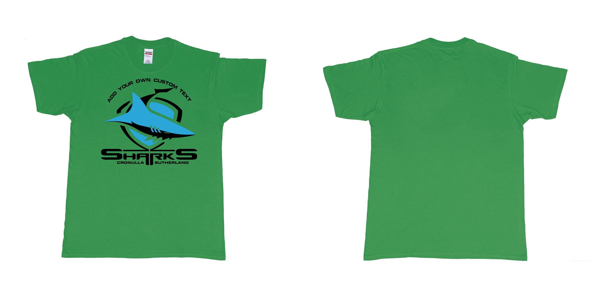 Custom tshirt design sharks cronulla sutherland shire southern sydney new south wales in fabric color irish-green choice your own text made in Bali by The Pirate Way