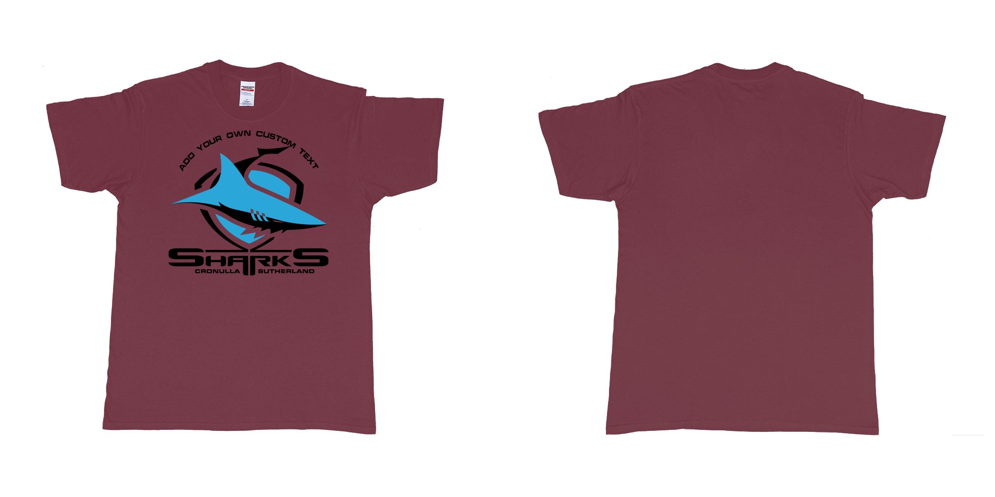 Custom tshirt design sharks cronulla sutherland shire southern sydney new south wales in fabric color marron choice your own text made in Bali by The Pirate Way