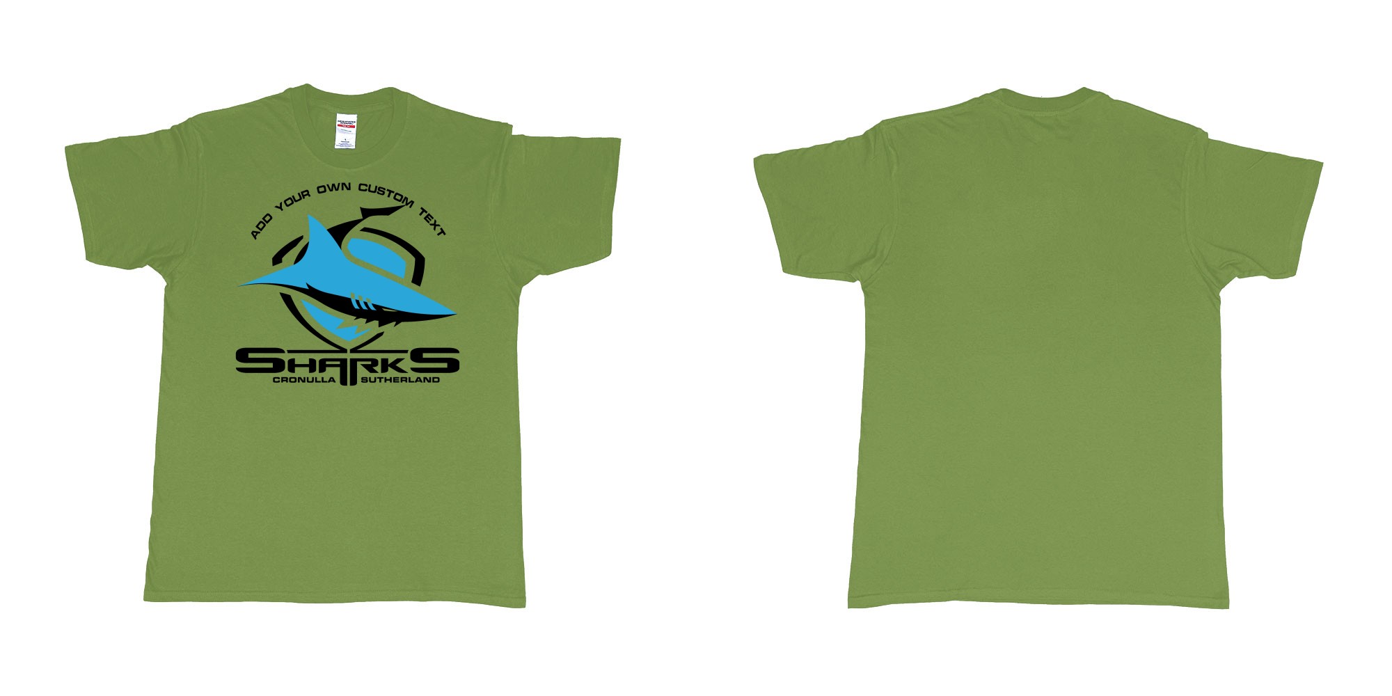 Custom tshirt design sharks cronulla sutherland shire southern sydney new south wales in fabric color military-green choice your own text made in Bali by The Pirate Way