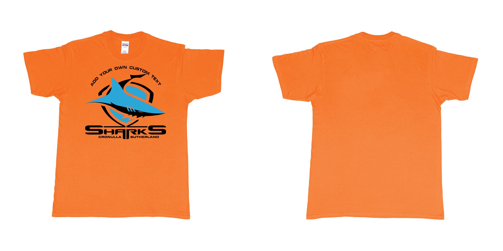 Custom tshirt design sharks cronulla sutherland shire southern sydney new south wales in fabric color orange choice your own text made in Bali by The Pirate Way