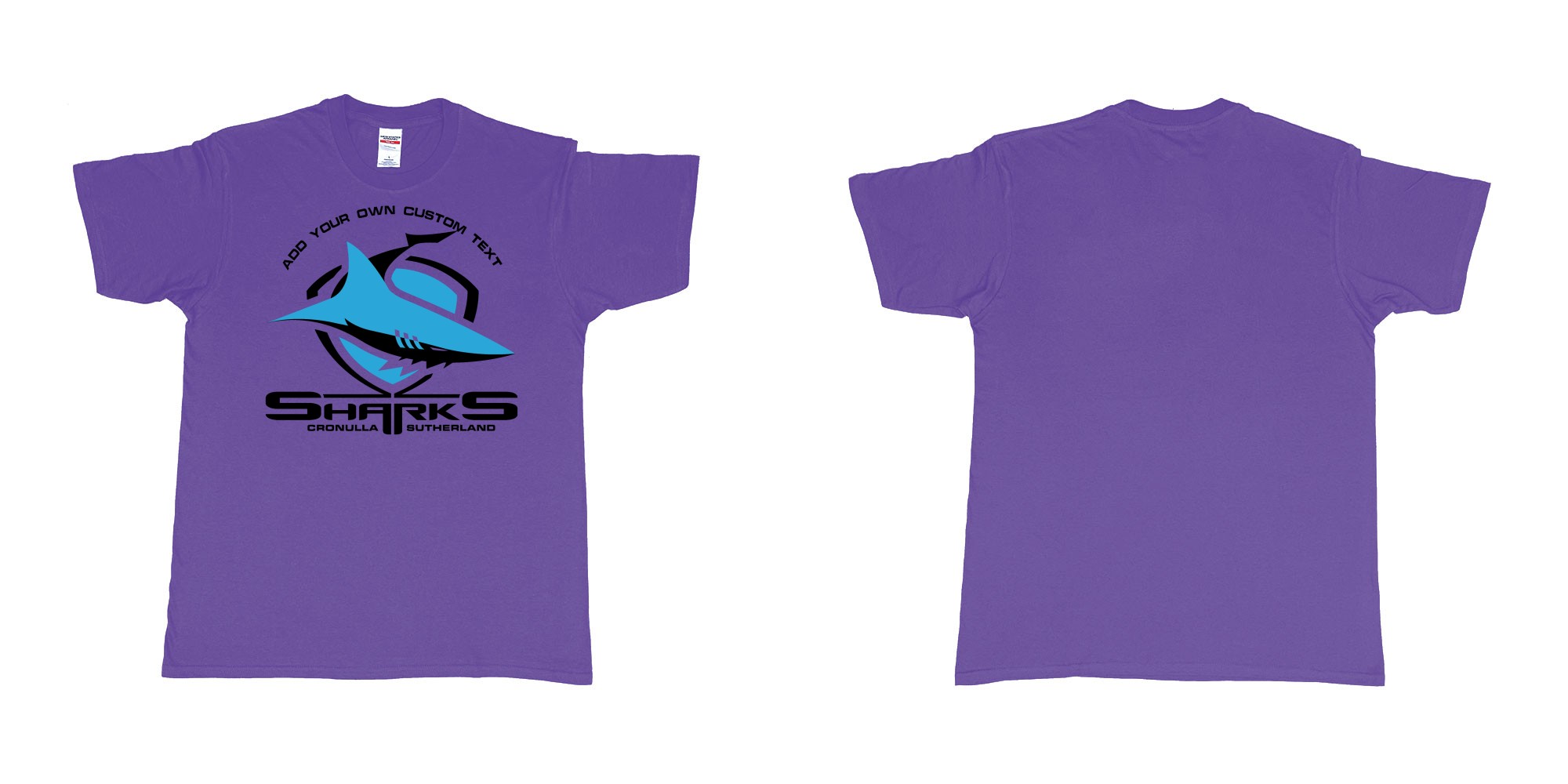 Custom tshirt design sharks cronulla sutherland shire southern sydney new south wales in fabric color purple choice your own text made in Bali by The Pirate Way
