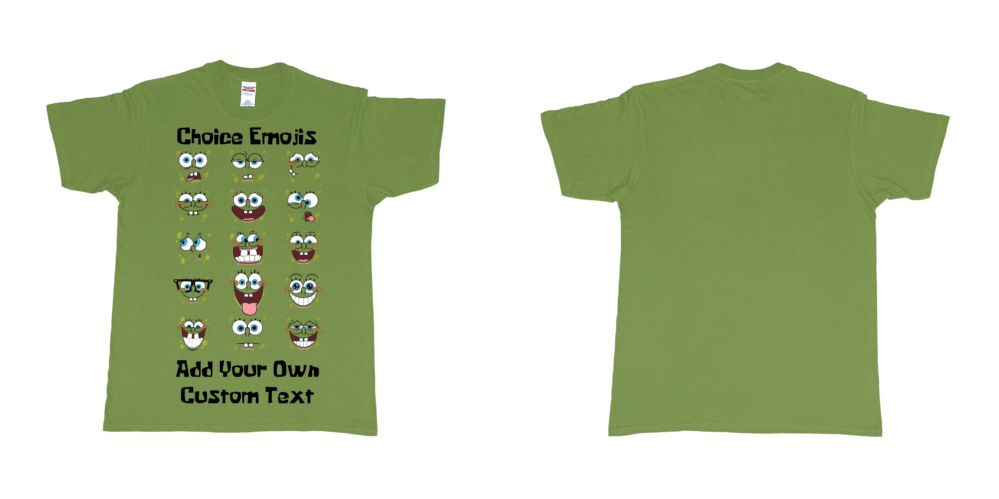 Custom tshirt design spongebob squarepants many faces emojis custum printing in fabric color military-green choice your own text made in Bali by The Pirate Way