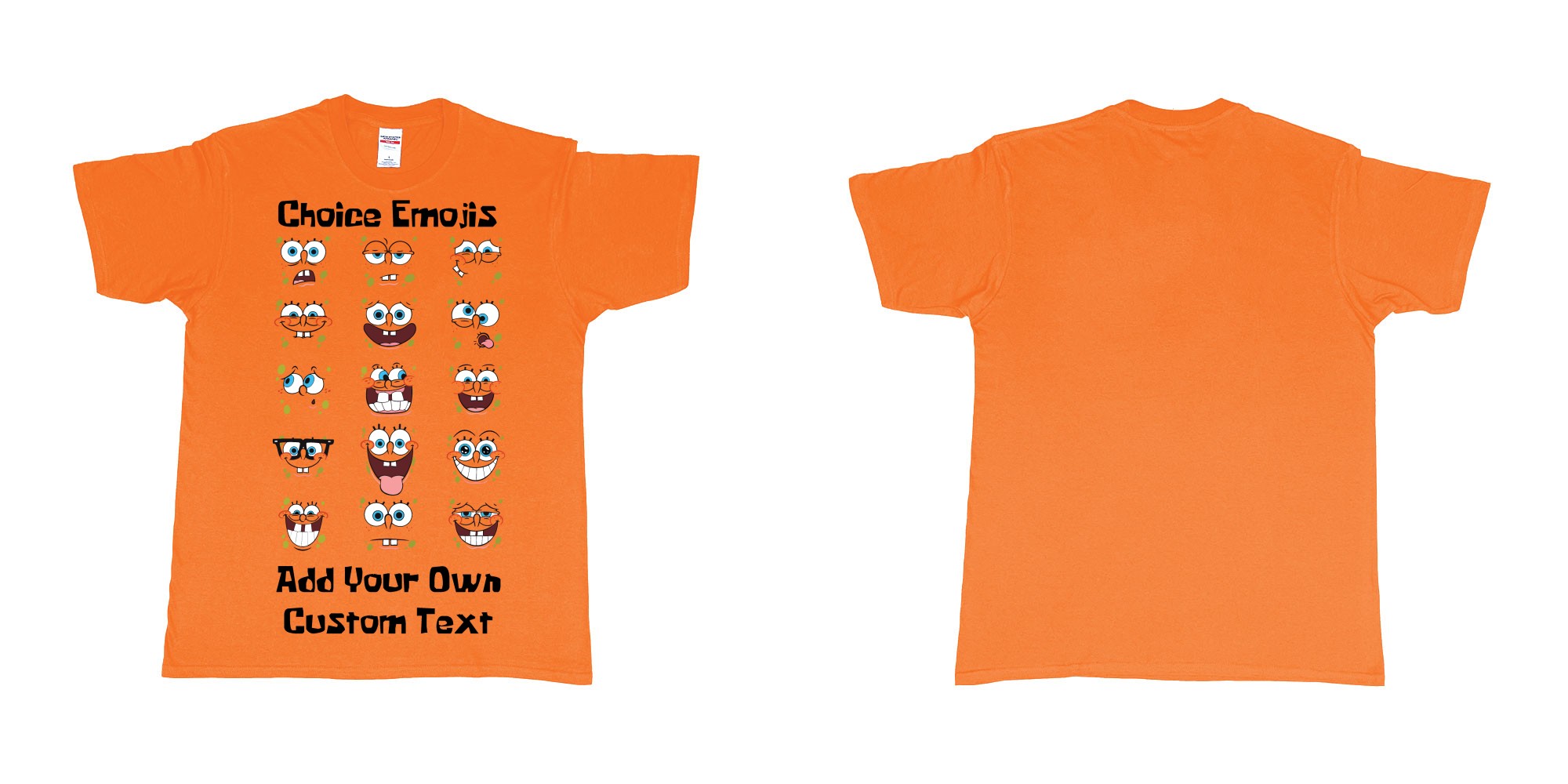 Custom tshirt design spongebob squarepants many faces emojis custum printing in fabric color orange choice your own text made in Bali by The Pirate Way