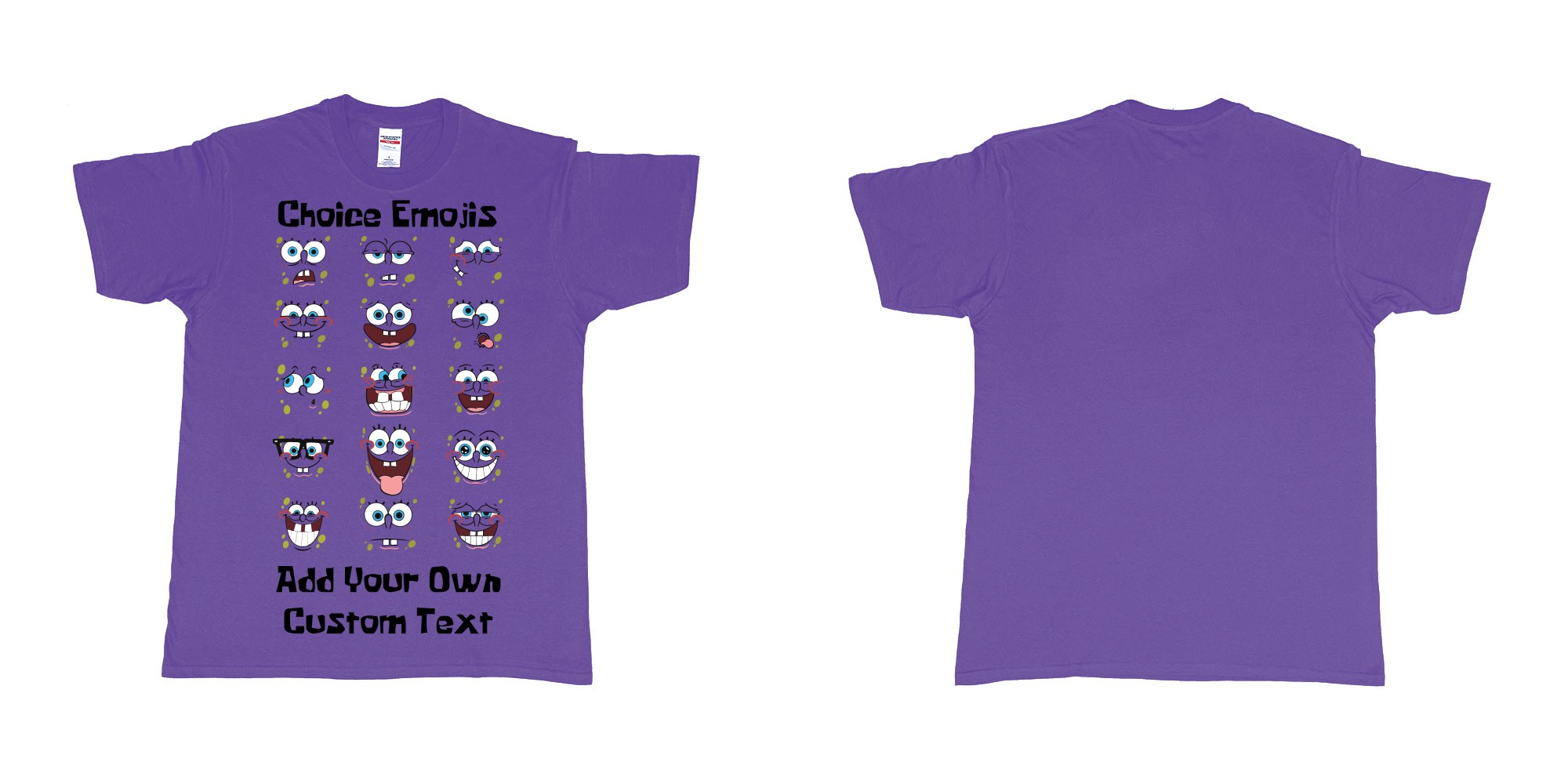 Custom tshirt design spongebob squarepants many faces emojis custum printing in fabric color purple choice your own text made in Bali by The Pirate Way