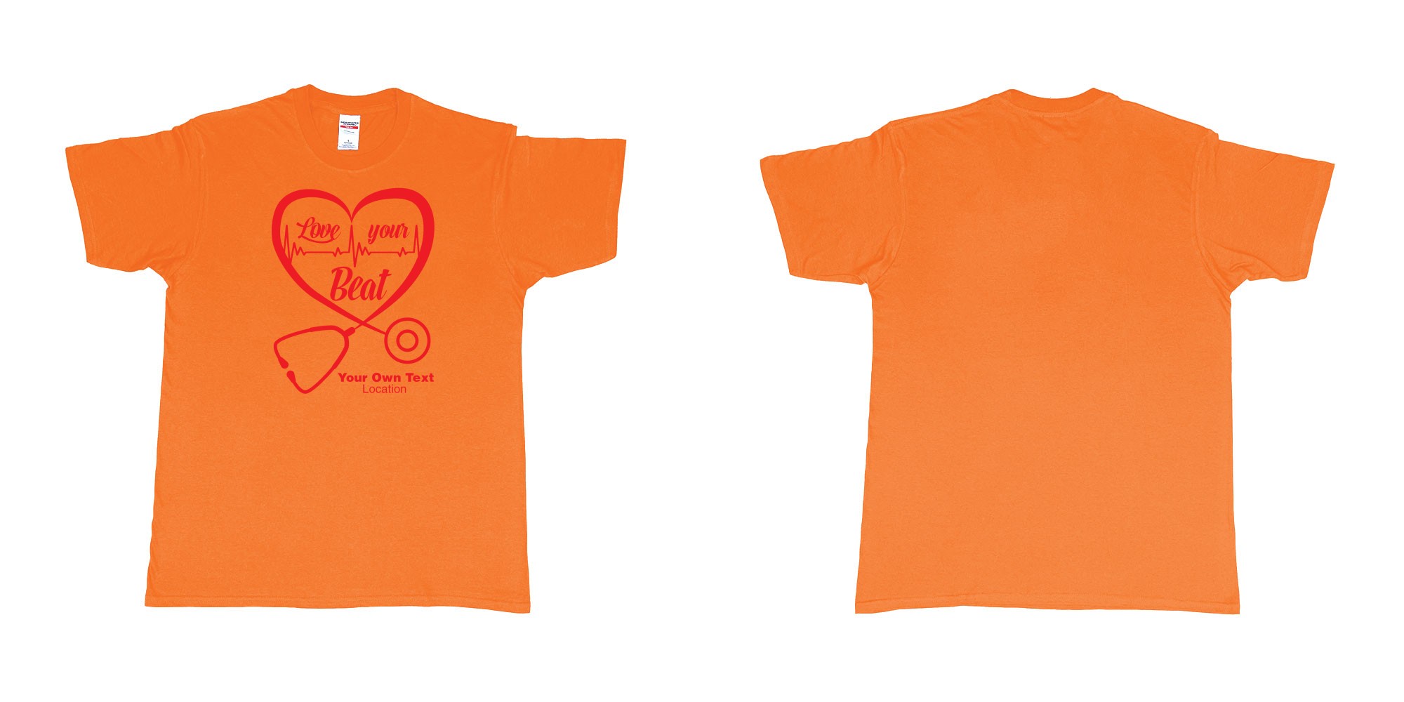 Custom tshirt design stethoscope doctor love your beat hearth custom tshirt print in fabric color orange choice your own text made in Bali by The Pirate Way