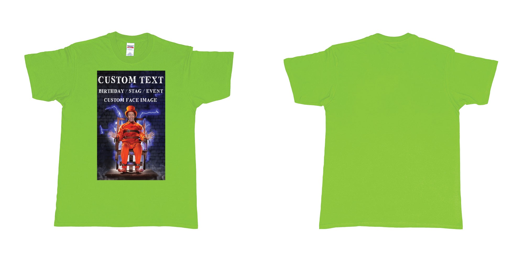 Custom tshirt design stevo guilty as charged custom face image electric chair in fabric color lime choice your own text made in Bali by The Pirate Way
