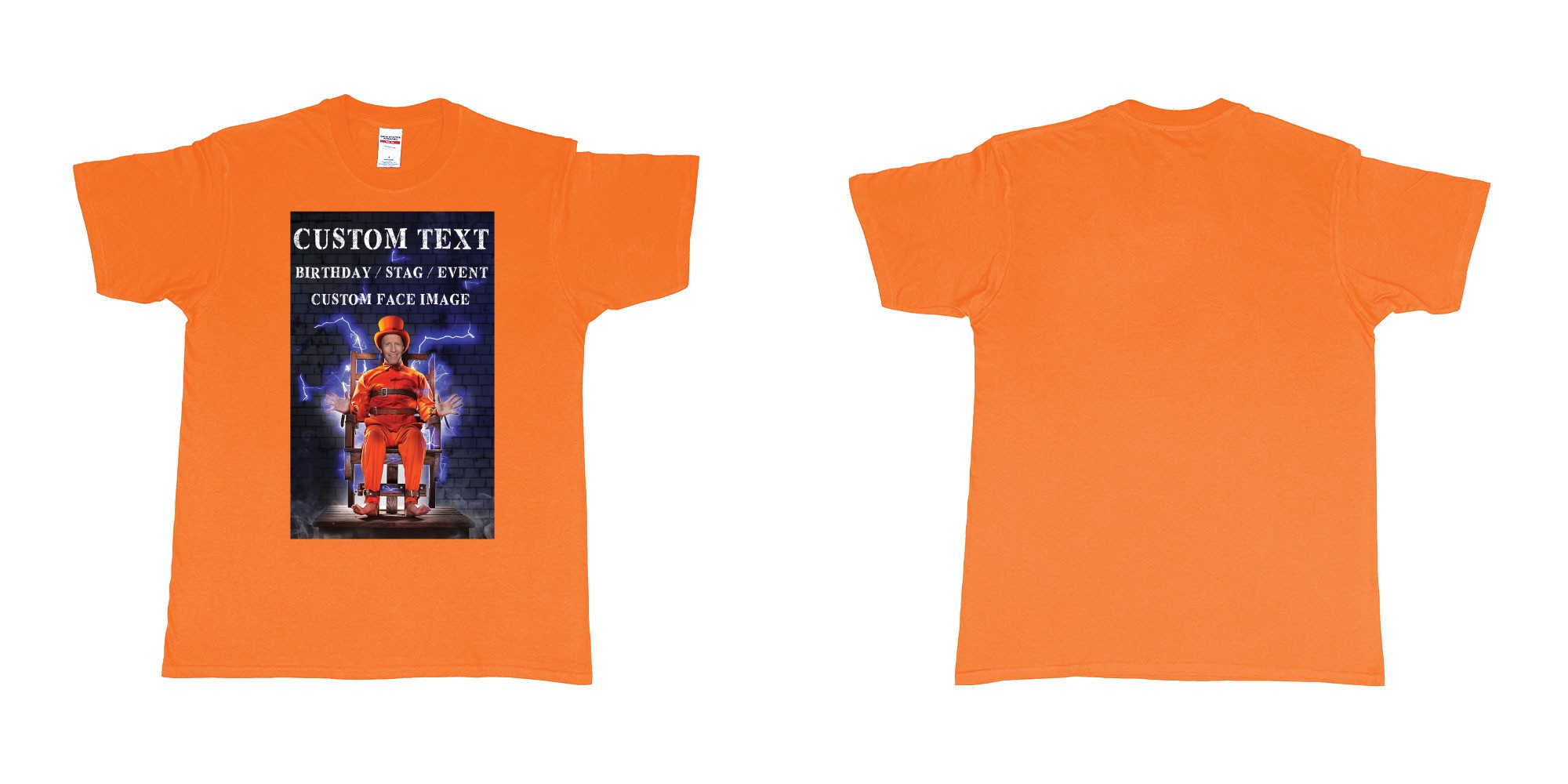 Custom tshirt design stevo guilty as charged custom face image electric chair in fabric color orange choice your own text made in Bali by The Pirate Way