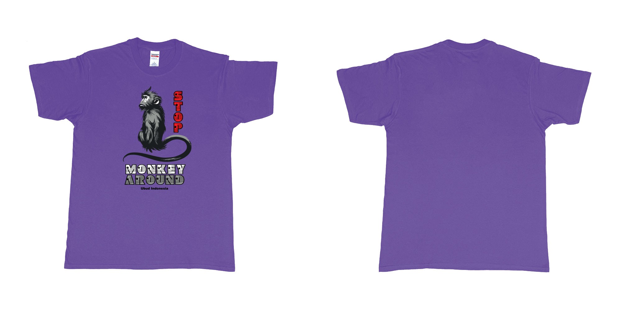 Custom tshirt design stop monkey around long tailed macaque ubud bali monkey forest in fabric color purple choice your own text made in Bali by The Pirate Way
