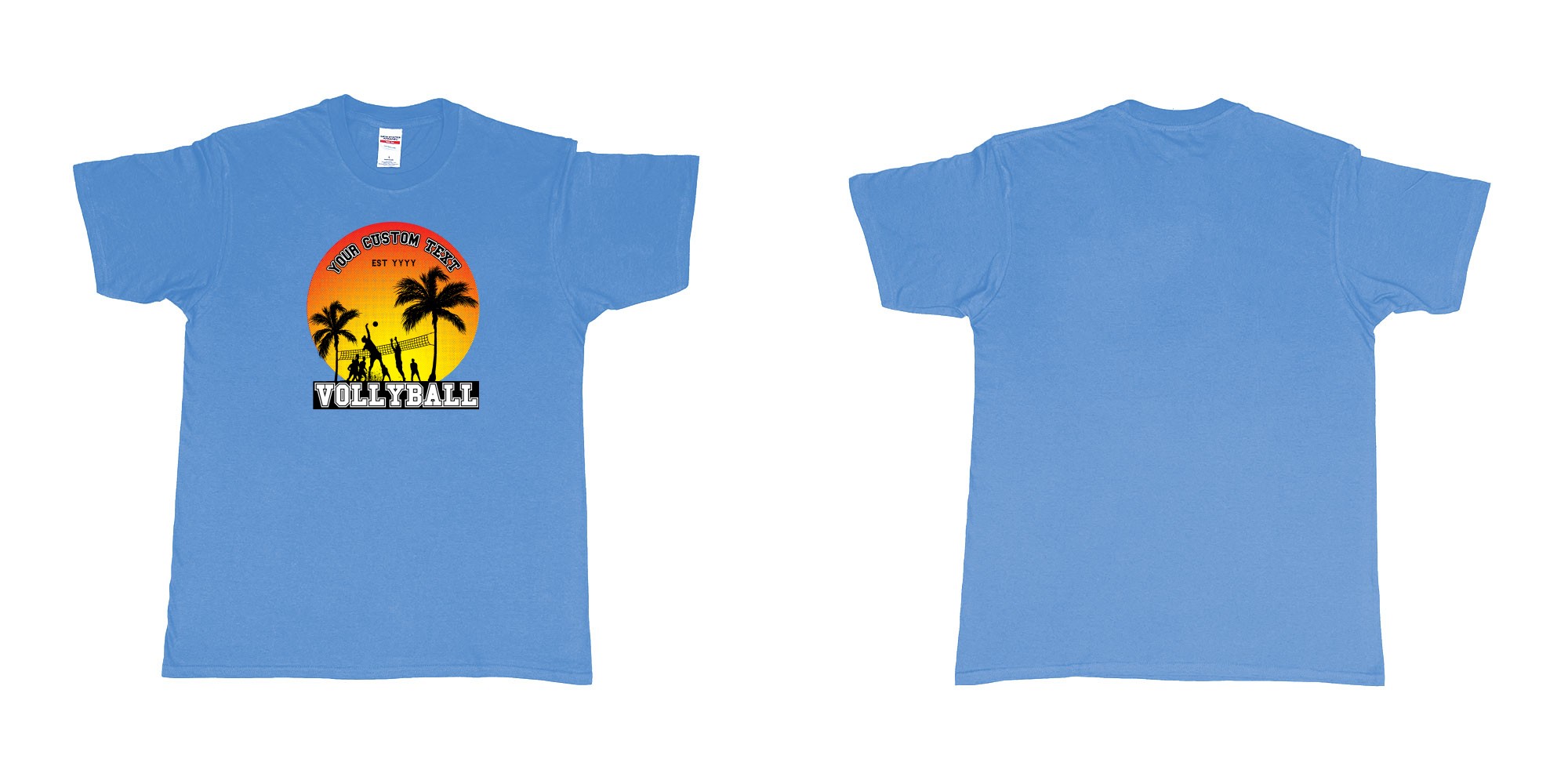 Custom tshirt design sunset volleyball t shirt with a sunset view and your custom print text and year in fabric color carolina-blue choice your own text made in Bali by The Pirate Way