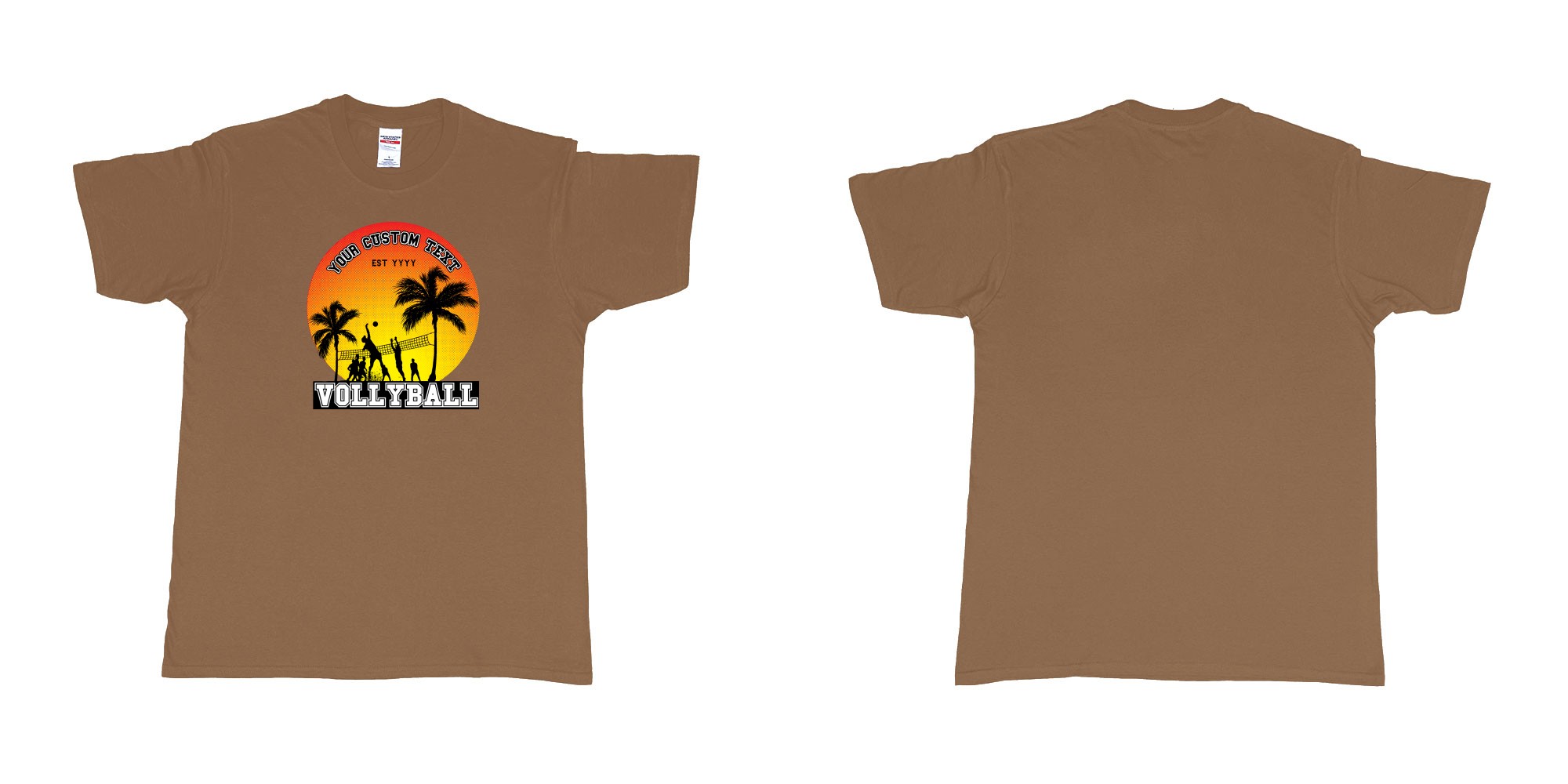 Custom tshirt design sunset volleyball t shirt with a sunset view and your custom print text and year in fabric color chestnut choice your own text made in Bali by The Pirate Way