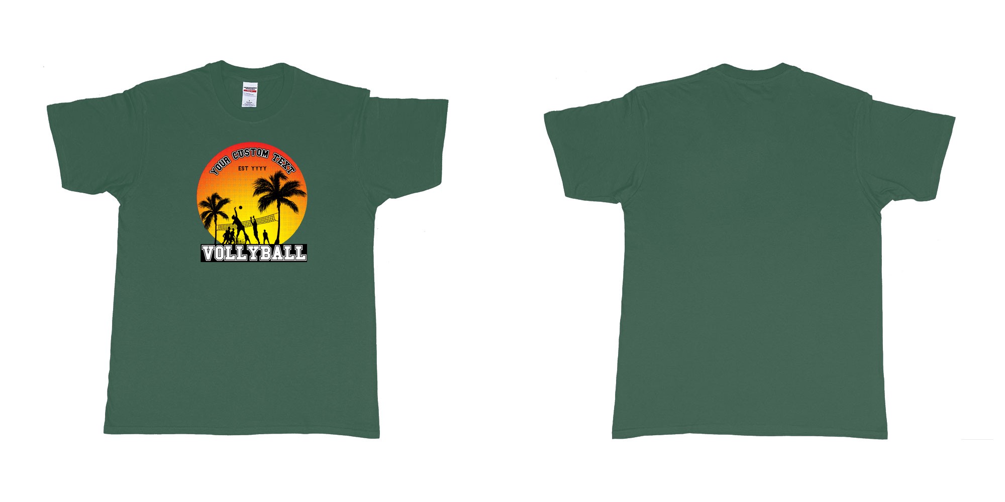 Custom tshirt design sunset volleyball t shirt with a sunset view and your custom print text and year in fabric color forest-green choice your own text made in Bali by The Pirate Way