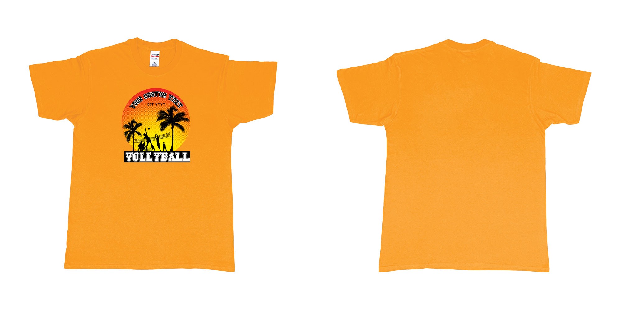 Custom tshirt design sunset volleyball t shirt with a sunset view and your custom print text and year in fabric color gold choice your own text made in Bali by The Pirate Way