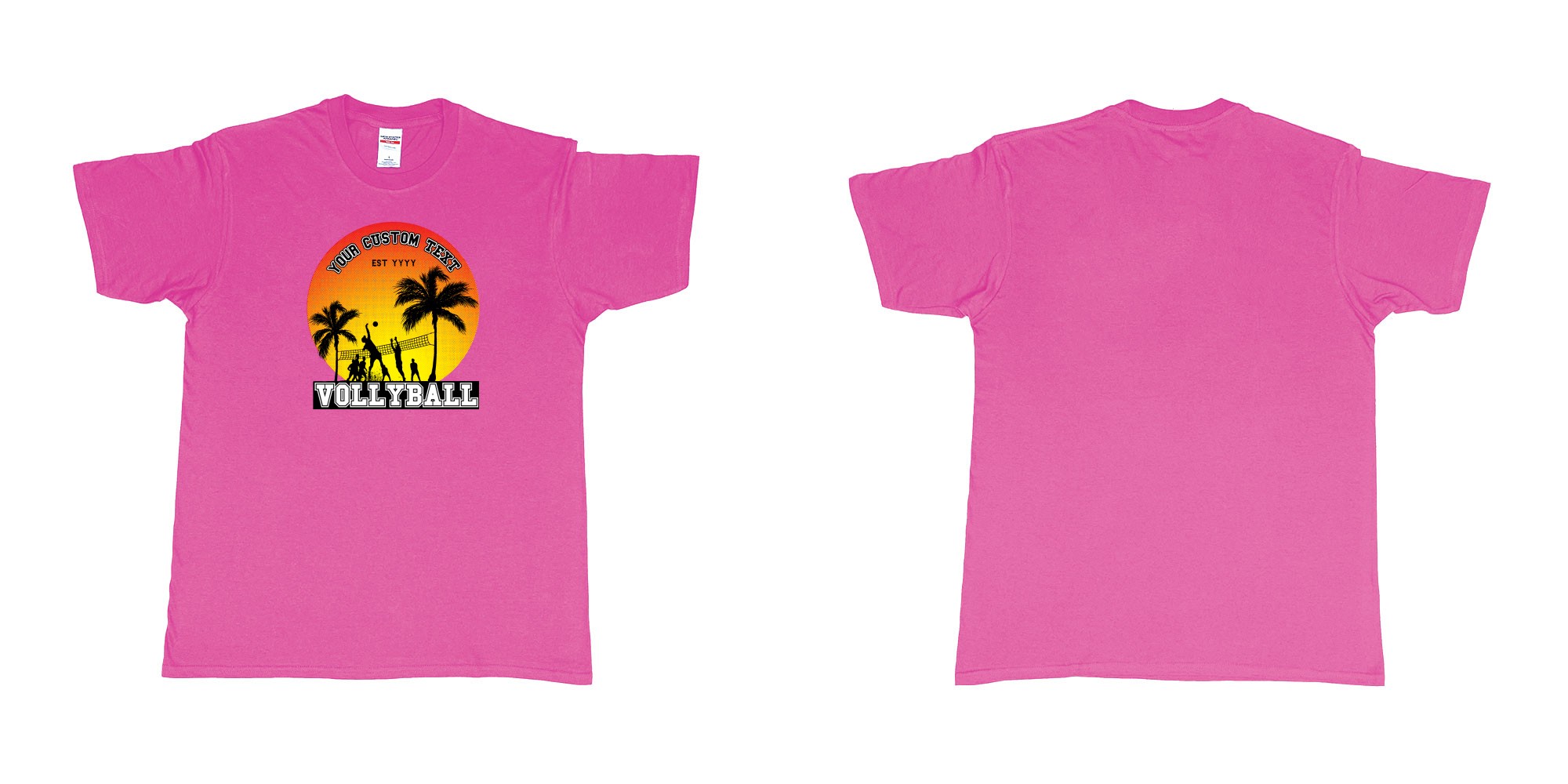 Custom tshirt design sunset volleyball t shirt with a sunset view and your custom print text and year in fabric color heliconia choice your own text made in Bali by The Pirate Way
