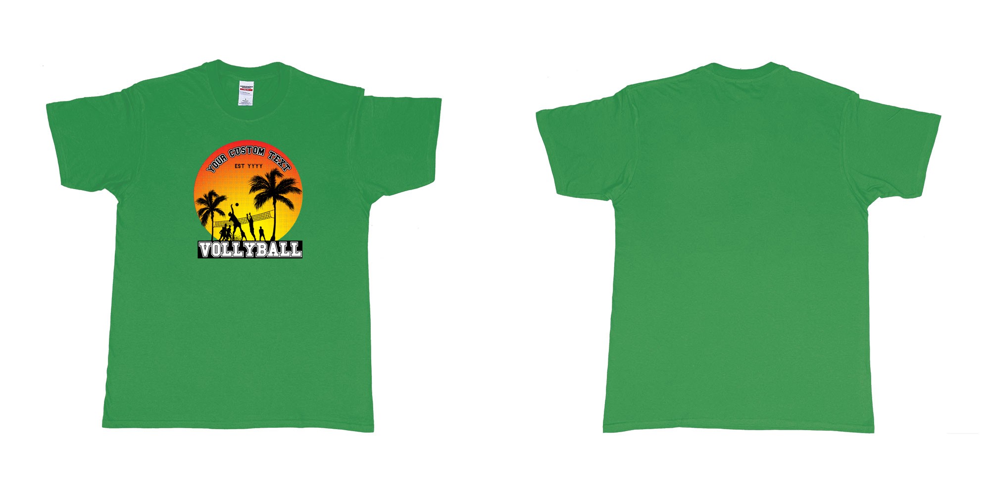 Custom tshirt design sunset volleyball t shirt with a sunset view and your custom print text and year in fabric color irish-green choice your own text made in Bali by The Pirate Way