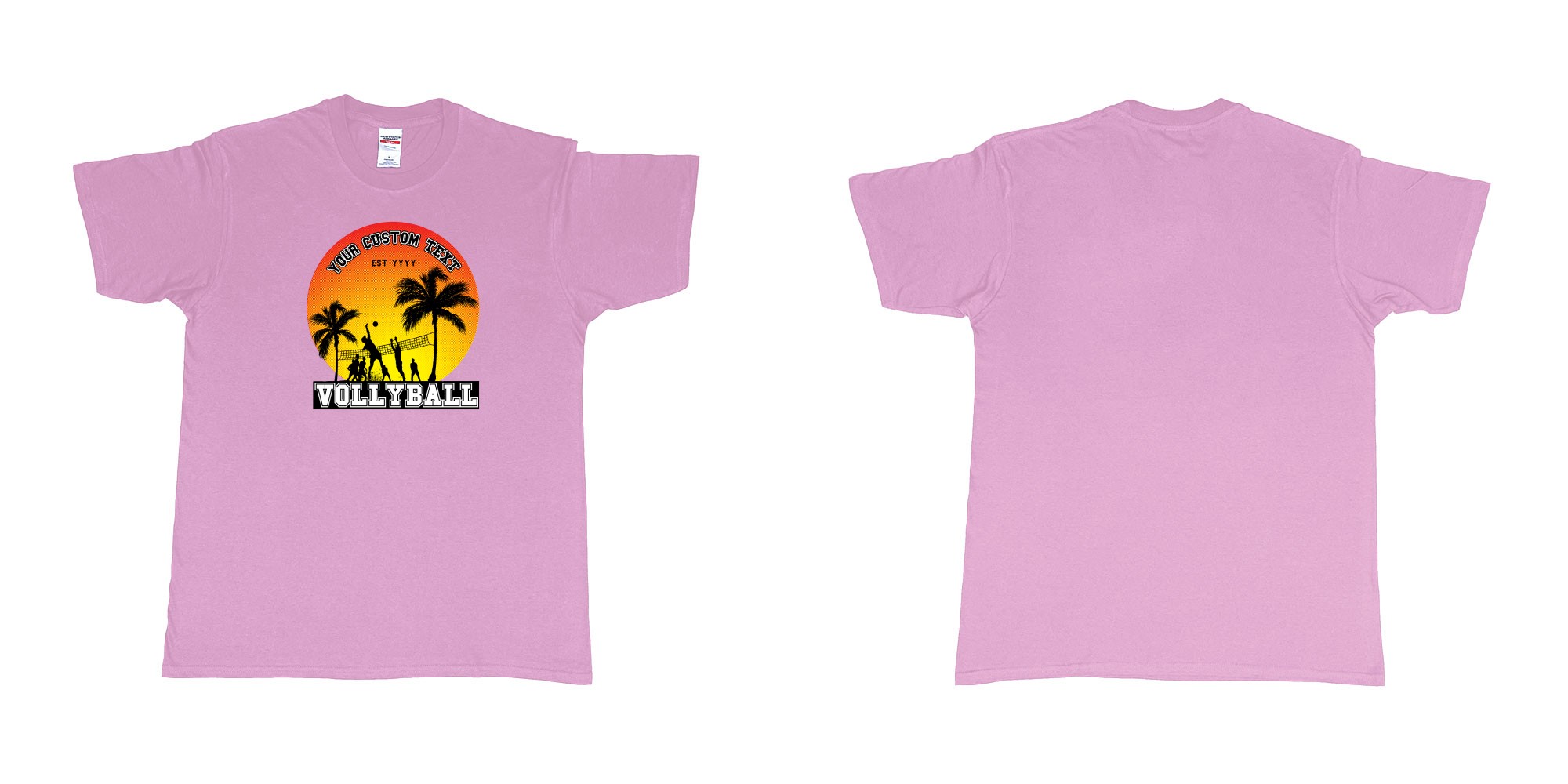 Custom tshirt design sunset volleyball t shirt with a sunset view and your custom print text and year in fabric color light-pink choice your own text made in Bali by The Pirate Way
