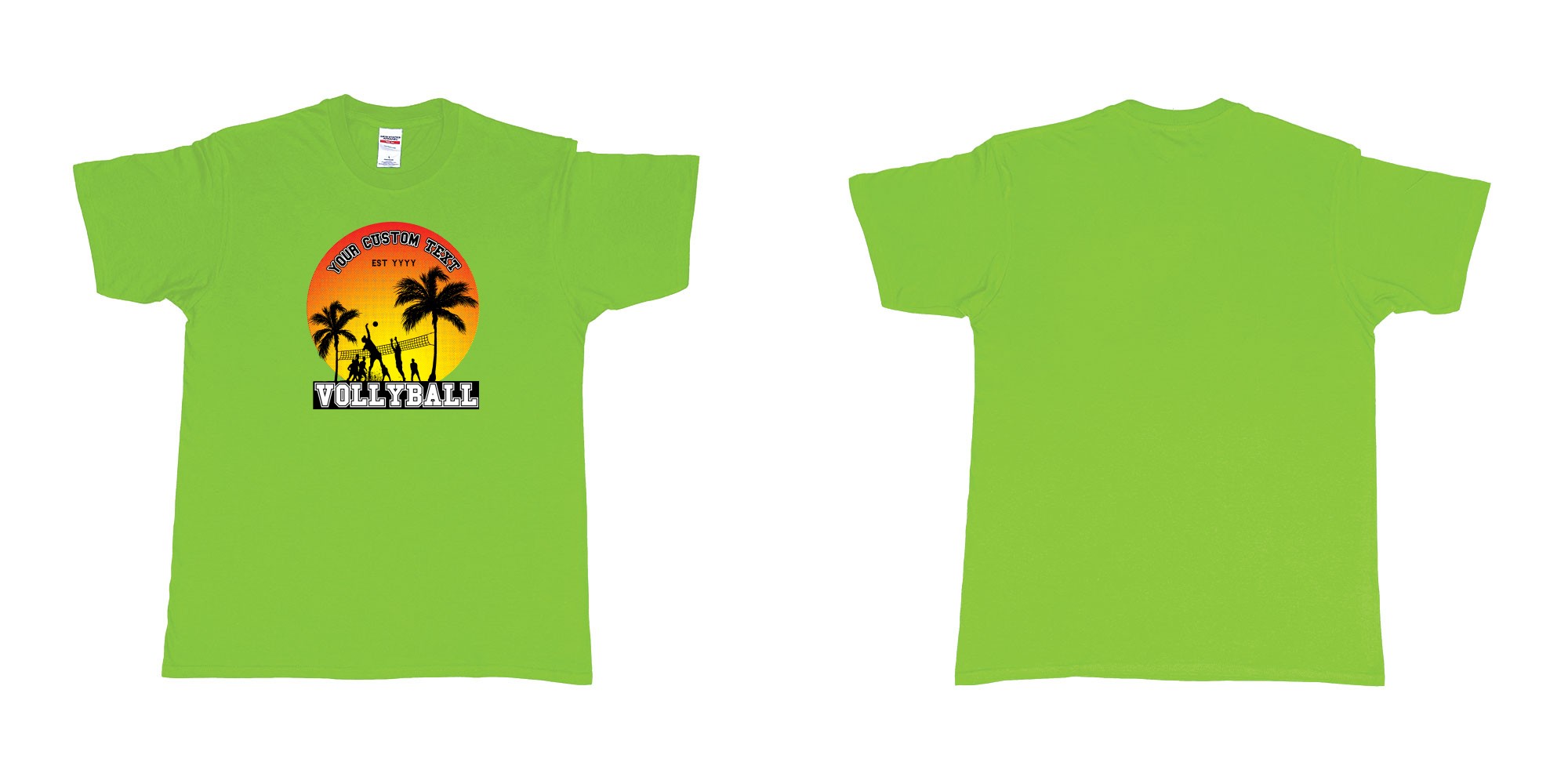 Custom tshirt design sunset volleyball t shirt with a sunset view and your custom print text and year in fabric color lime choice your own text made in Bali by The Pirate Way