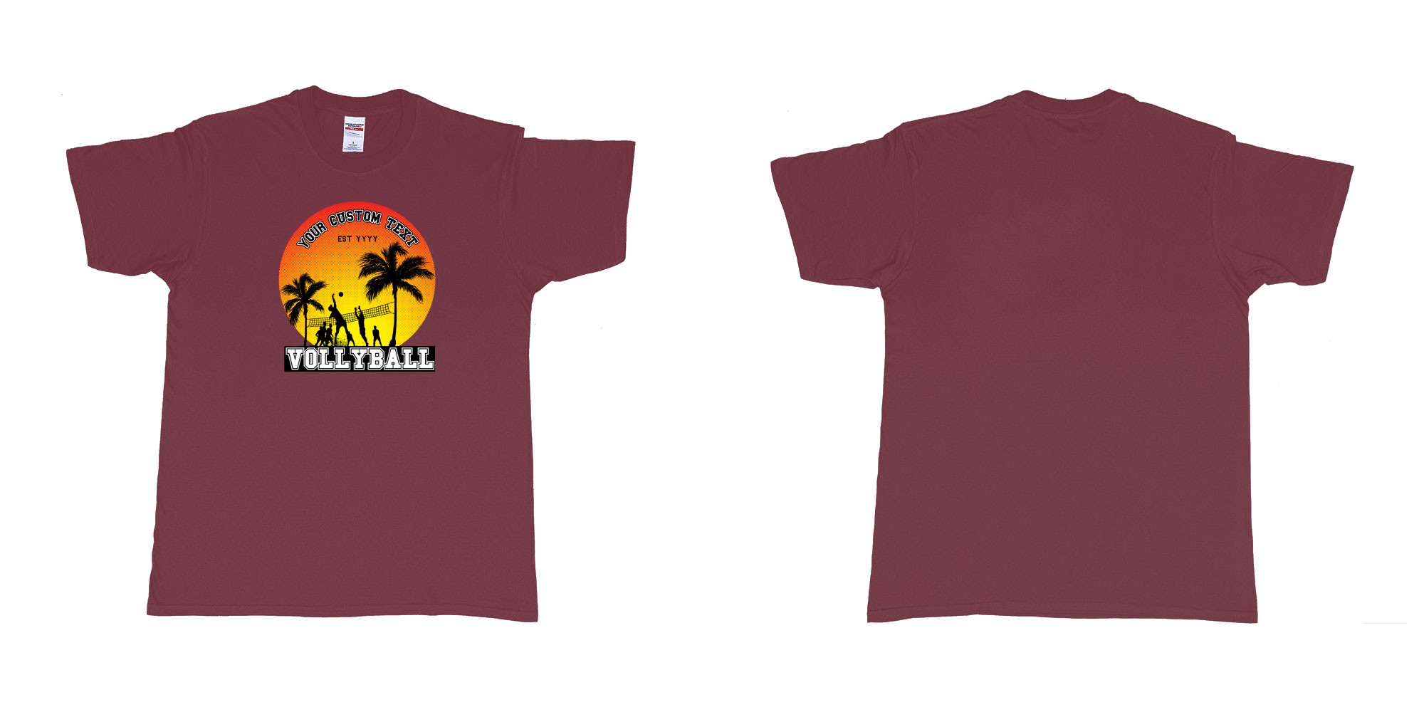 Custom tshirt design sunset volleyball t shirt with a sunset view and your custom print text and year in fabric color marron choice your own text made in Bali by The Pirate Way