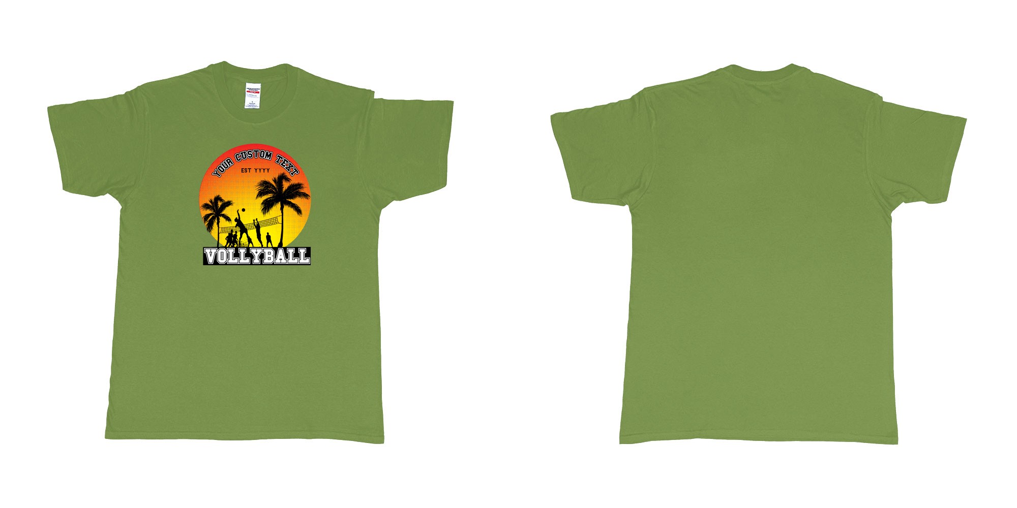 Custom tshirt design sunset volleyball t shirt with a sunset view and your custom print text and year in fabric color military-green choice your own text made in Bali by The Pirate Way